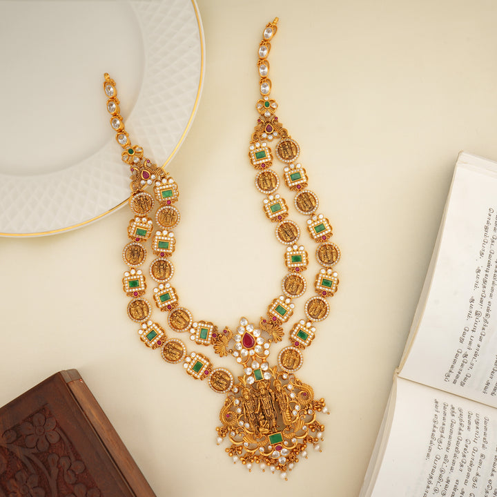 Ram Parivar temple haram with emerald stones and antique gold finish