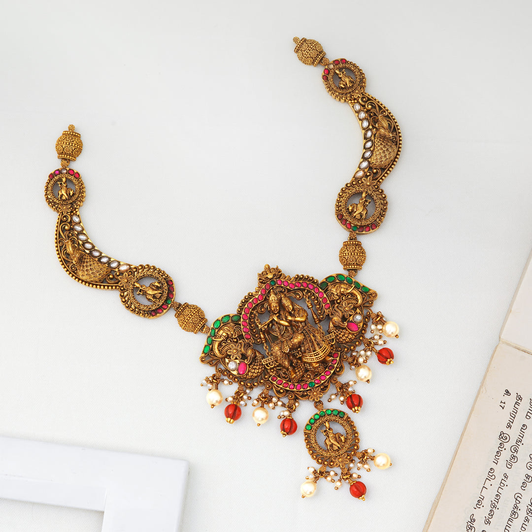 Ratha Krishna antique necklace with red and green temple stones