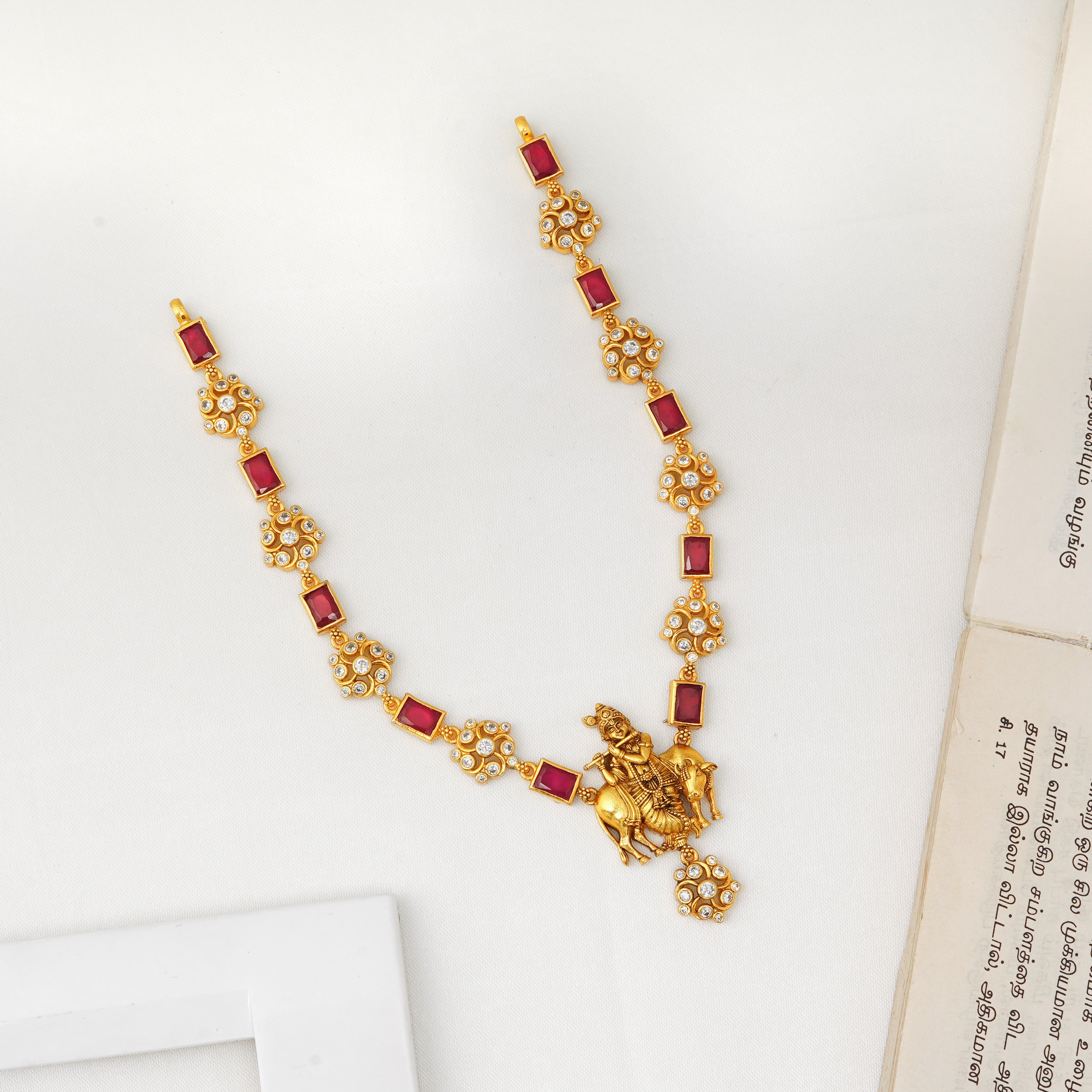 Rectangular kemp stone temple necklace with Lord Krishna pendant