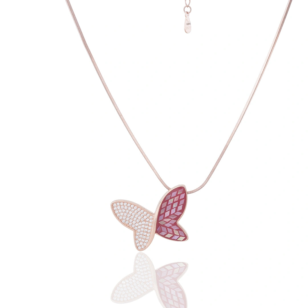 Red Butterfly Pendant Chain Set In Rose Gold Silver Ishna