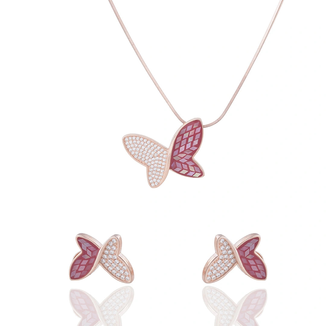 Red Butterfly Pendant Chain Set in 925 Rose Gold Plated Silver Ishna 