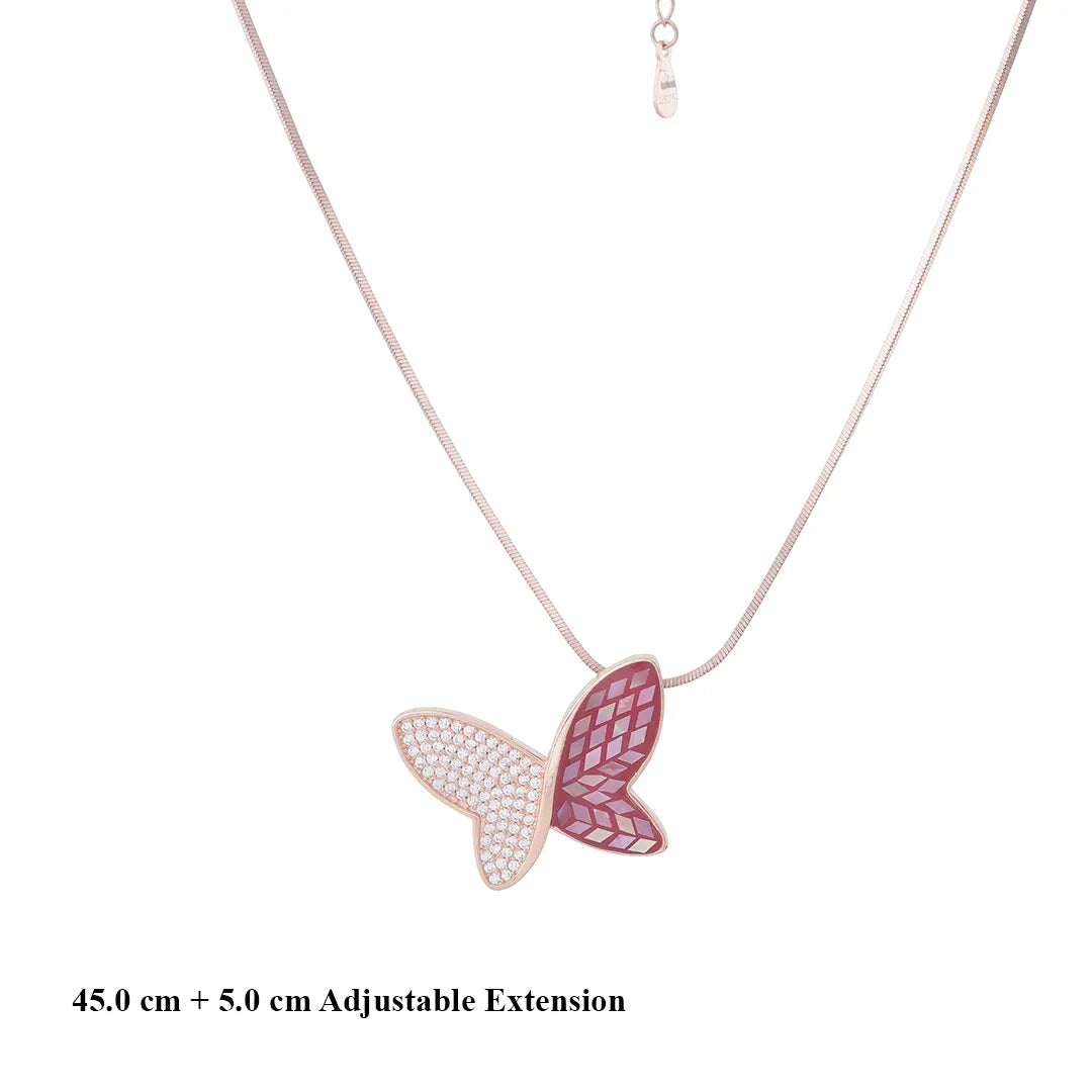 Red Butterfly Pendant Chain Set in Rose Gold Plated Silver