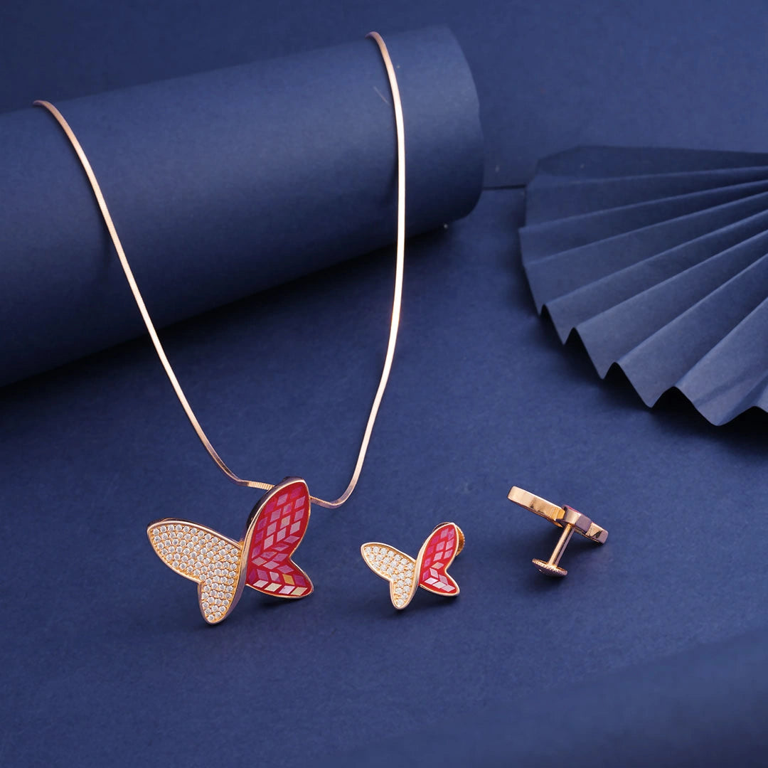 Red Butterfly Pendant Chain Set in Rose Gold Plated Silver Ishna 