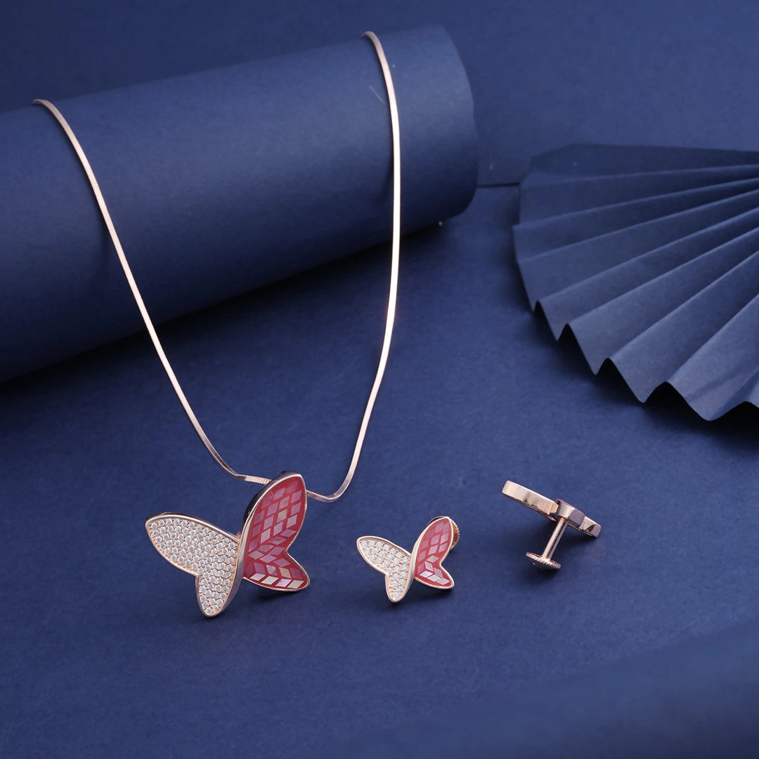 Red Butterfly Pendant Chain Set in Sterling Silver Ishna 