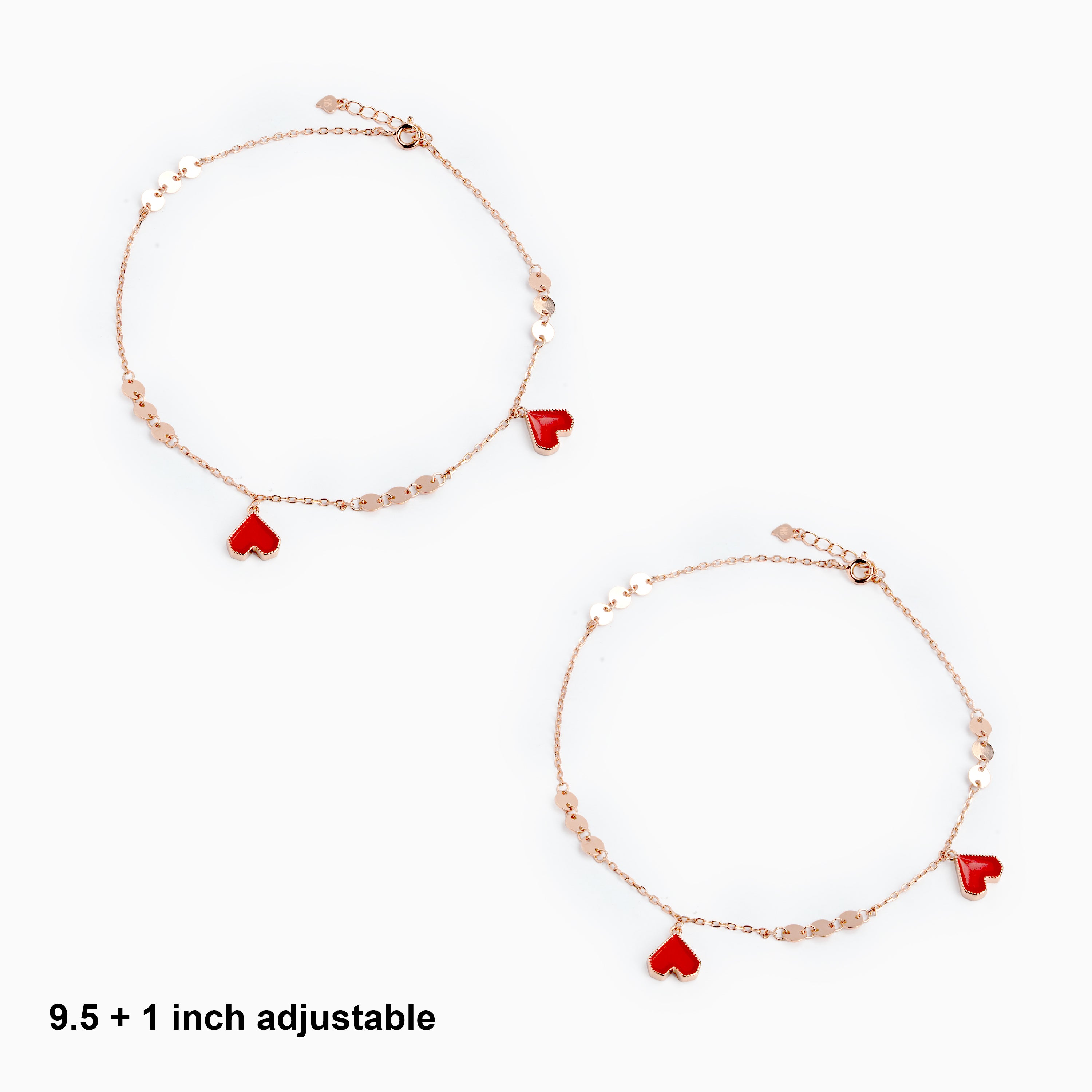 Red Heart Enamel Charm Anklet in Rose Gold Silver