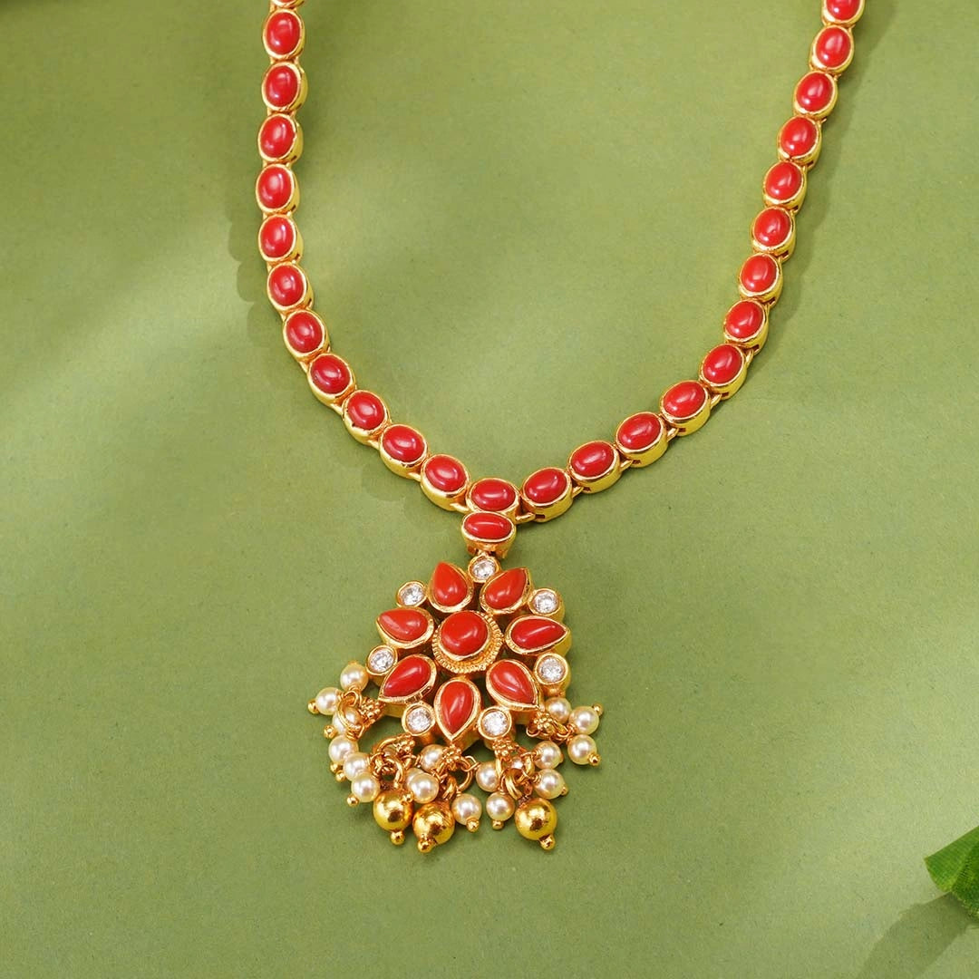 Red Stone Floral Necklace Ishna
