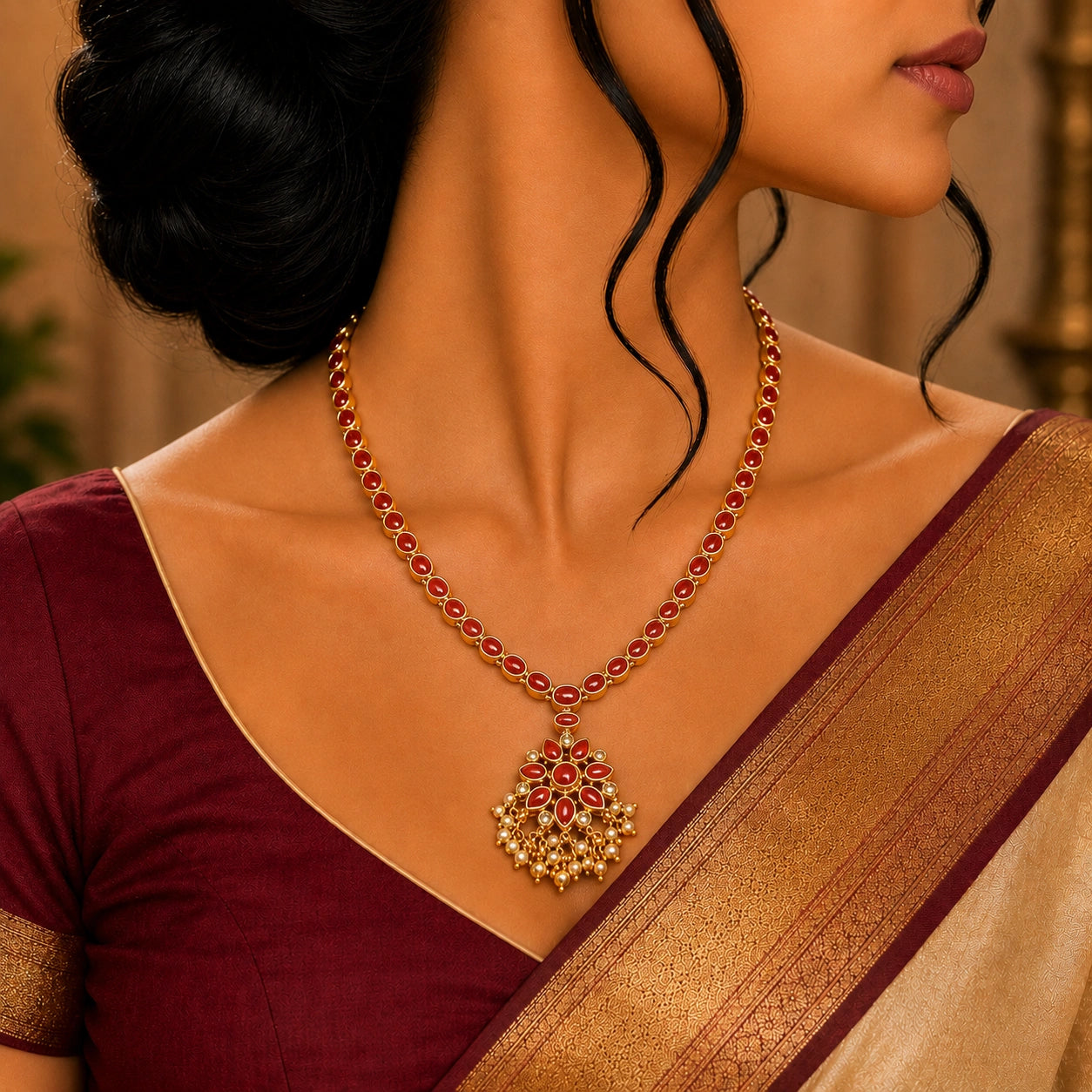 Red Stone Necklace in Gold Plated Silver Ishna