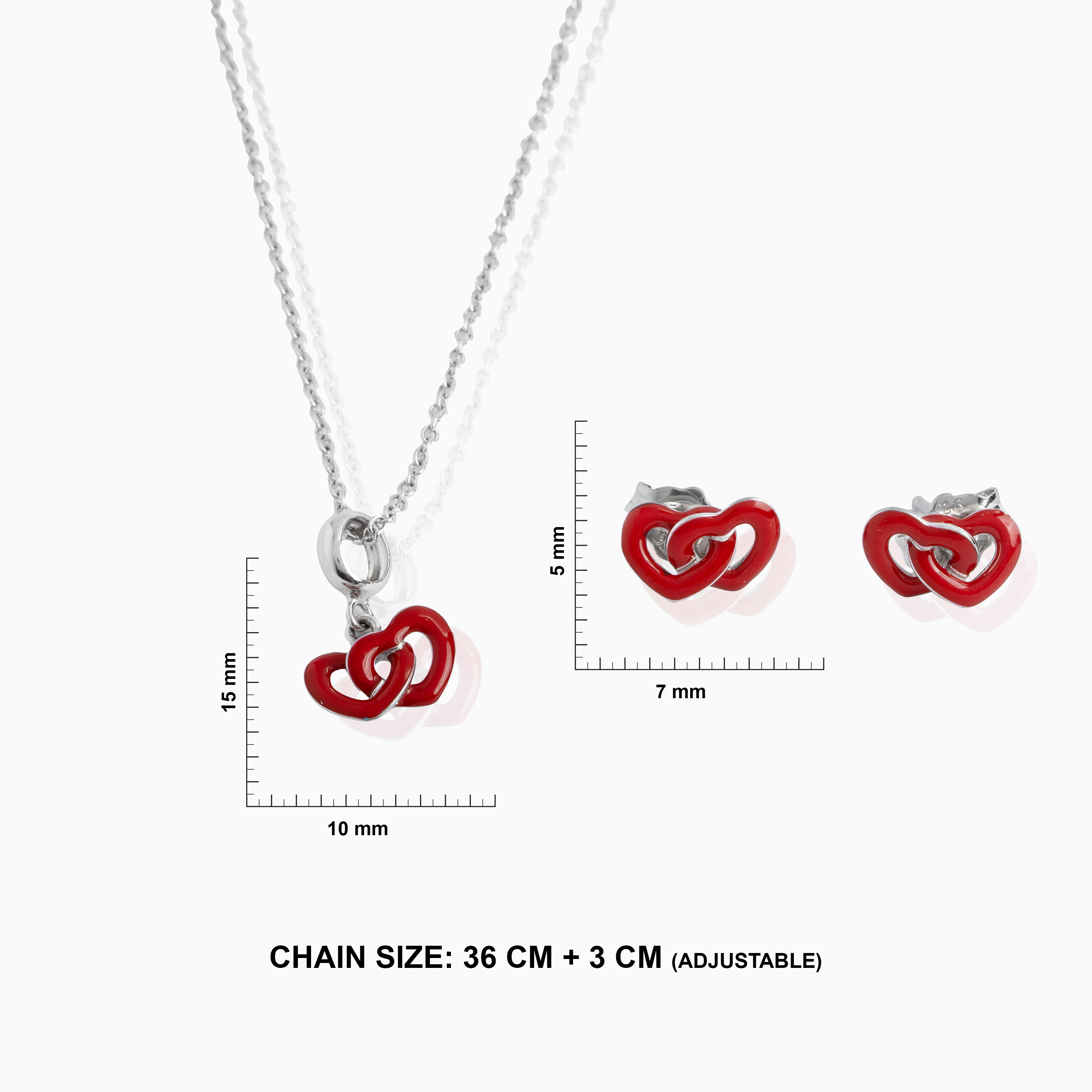 Red enamel heart link silver jewellery set