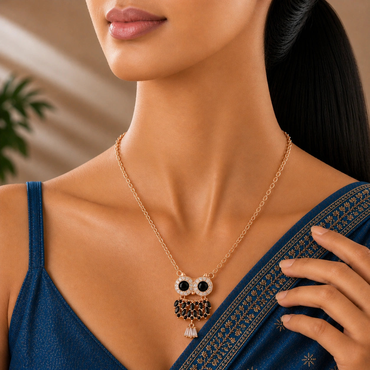 Rose Gold Plated Black Owl Pendant Chain Ishna