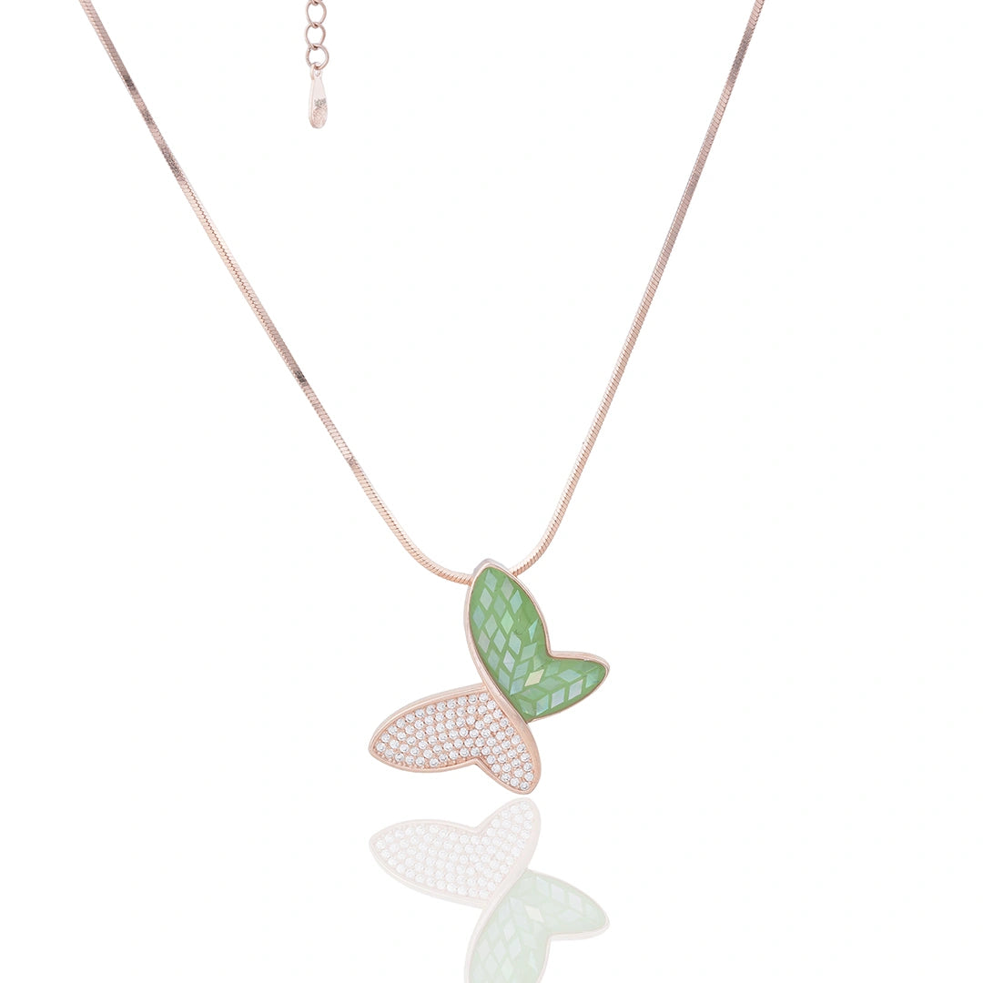 Rose Gold Plated CZ Green Butterfly Pendant Chain Set Ishna