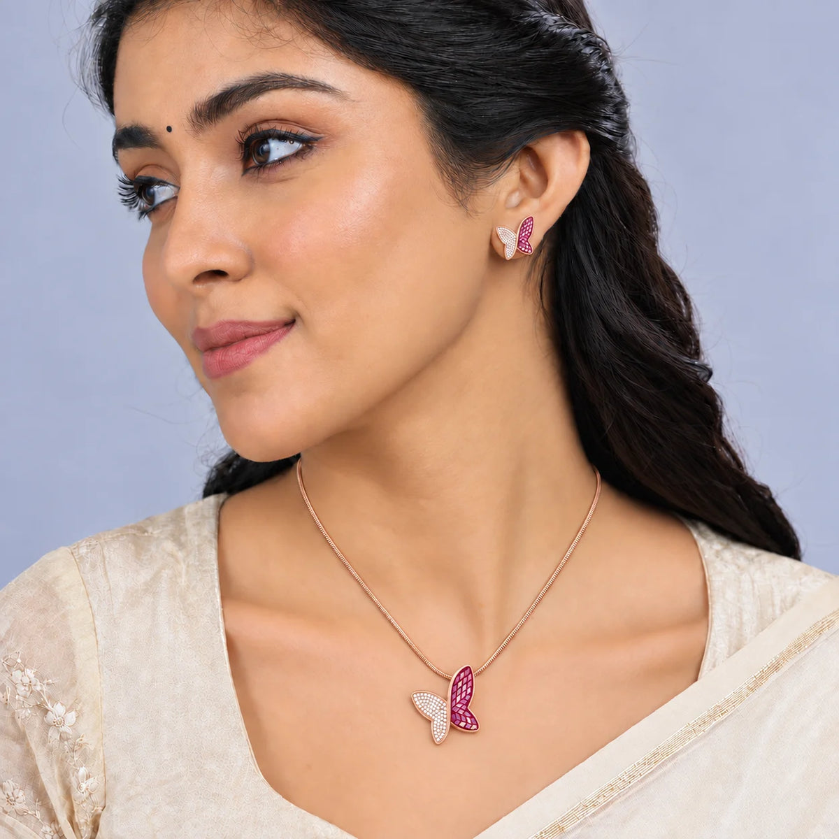 Rose Gold Plated Red Butterfly Pendant Chain Set 