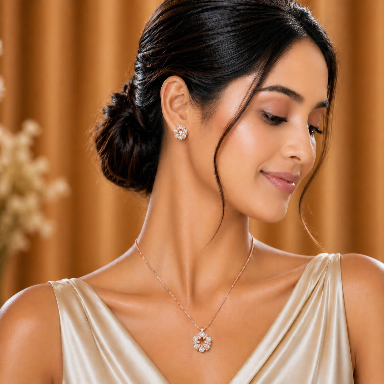 Rose Gold Silver CZ Cluster Pendant & Earrings Ishna