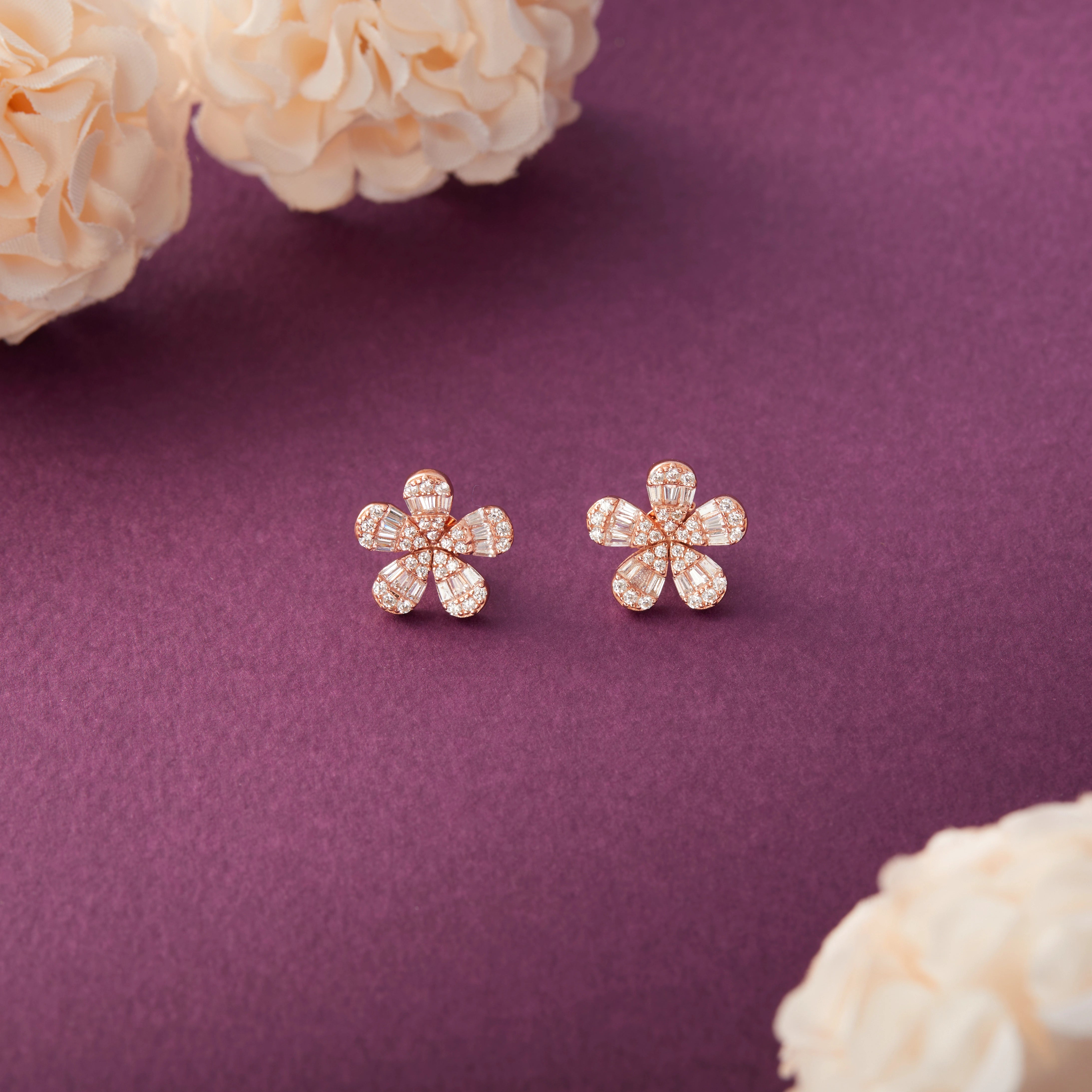 Rose Gold Silver CZ Floral Stud Earrings