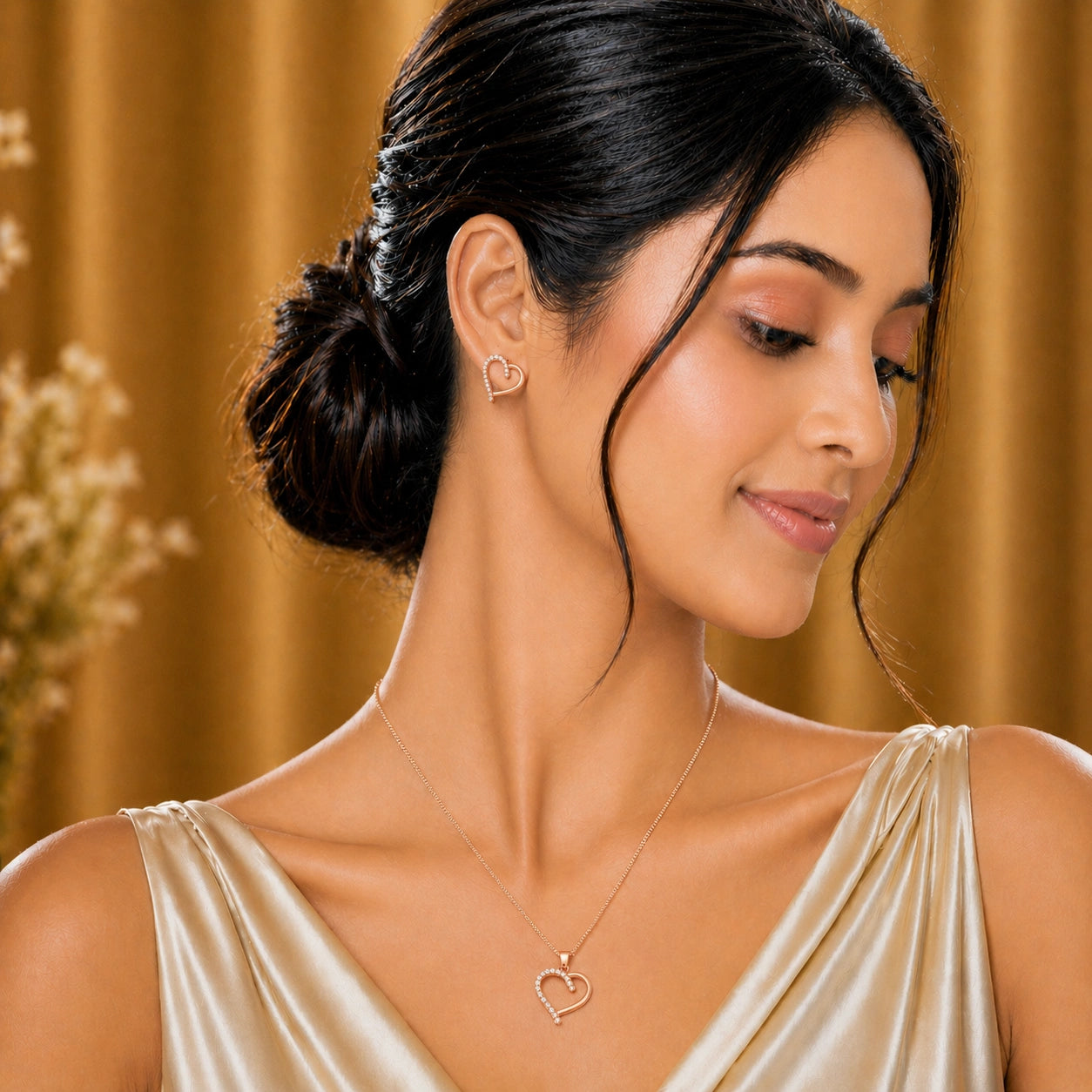 Rose Gold Silver CZ Heart Pendant & Earrings Ishna