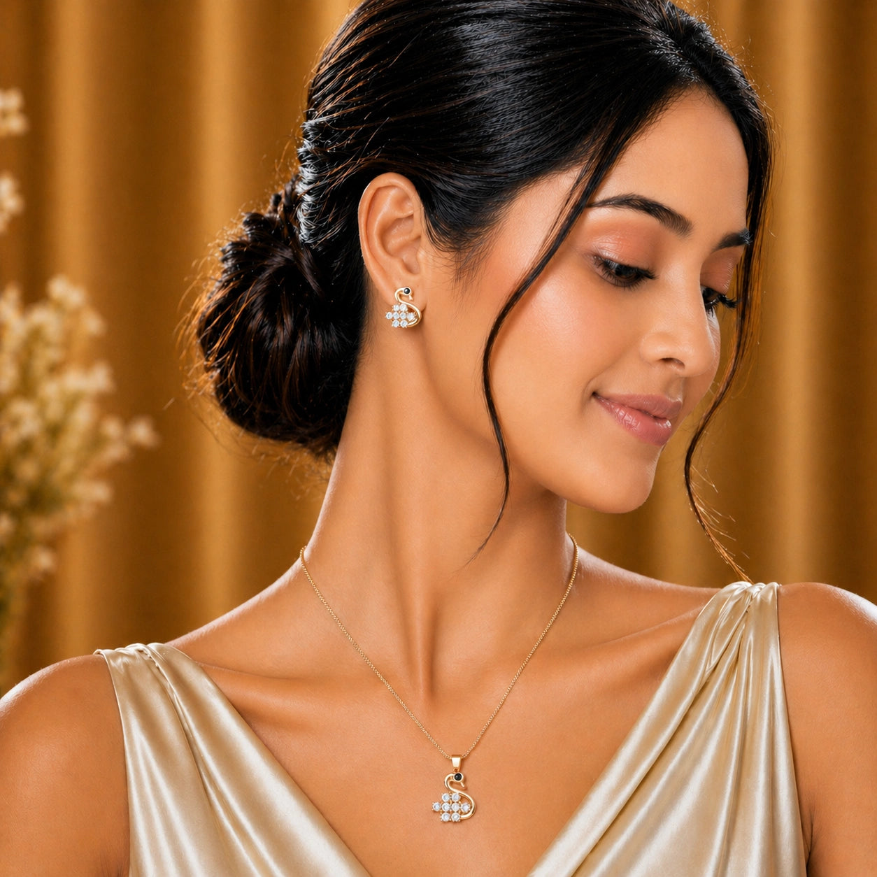 Rose Gold Silver CZ Swan Pendant & Earrings Ishna