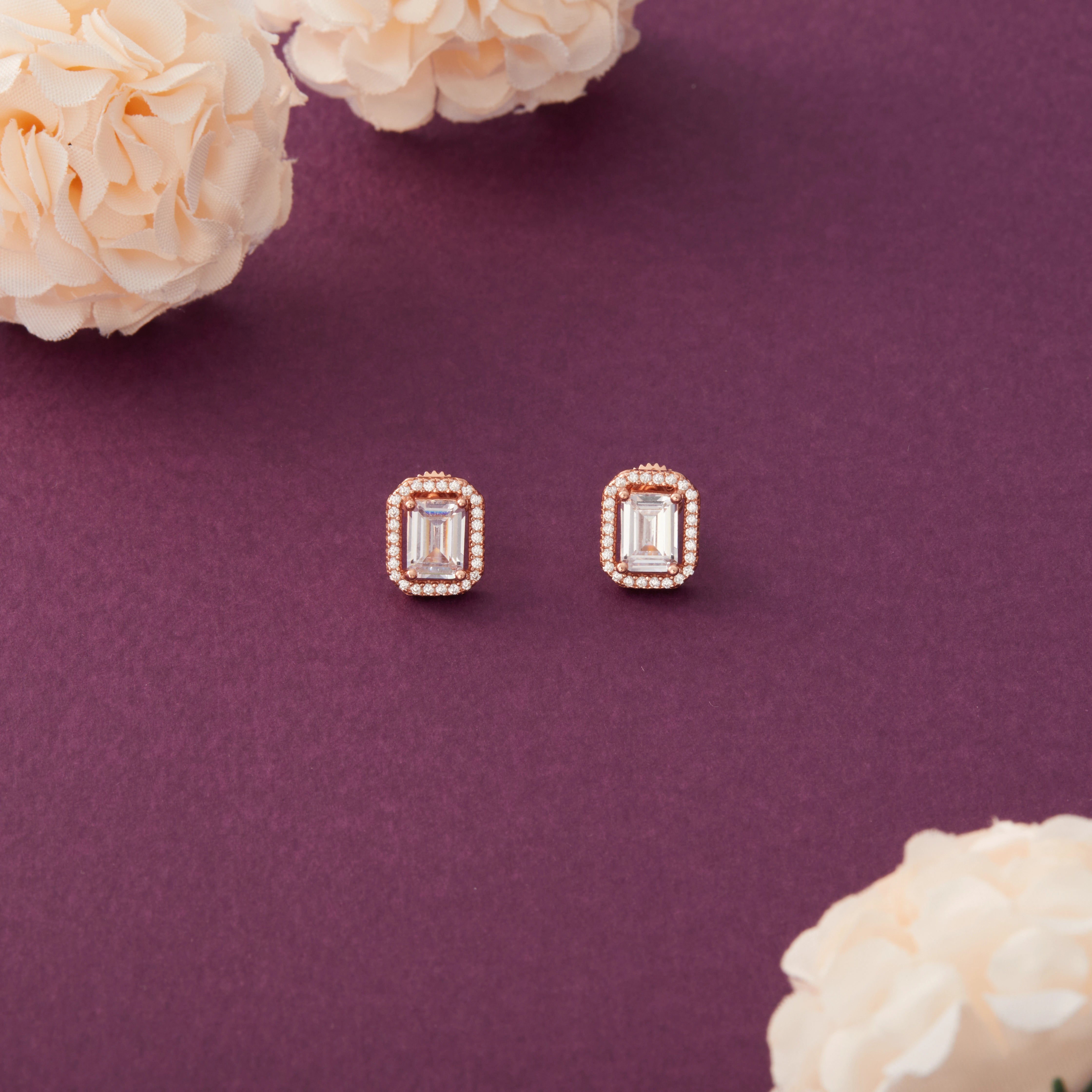 Rose Gold Silver Emerald Cut Halo Stud Earrings Ishna