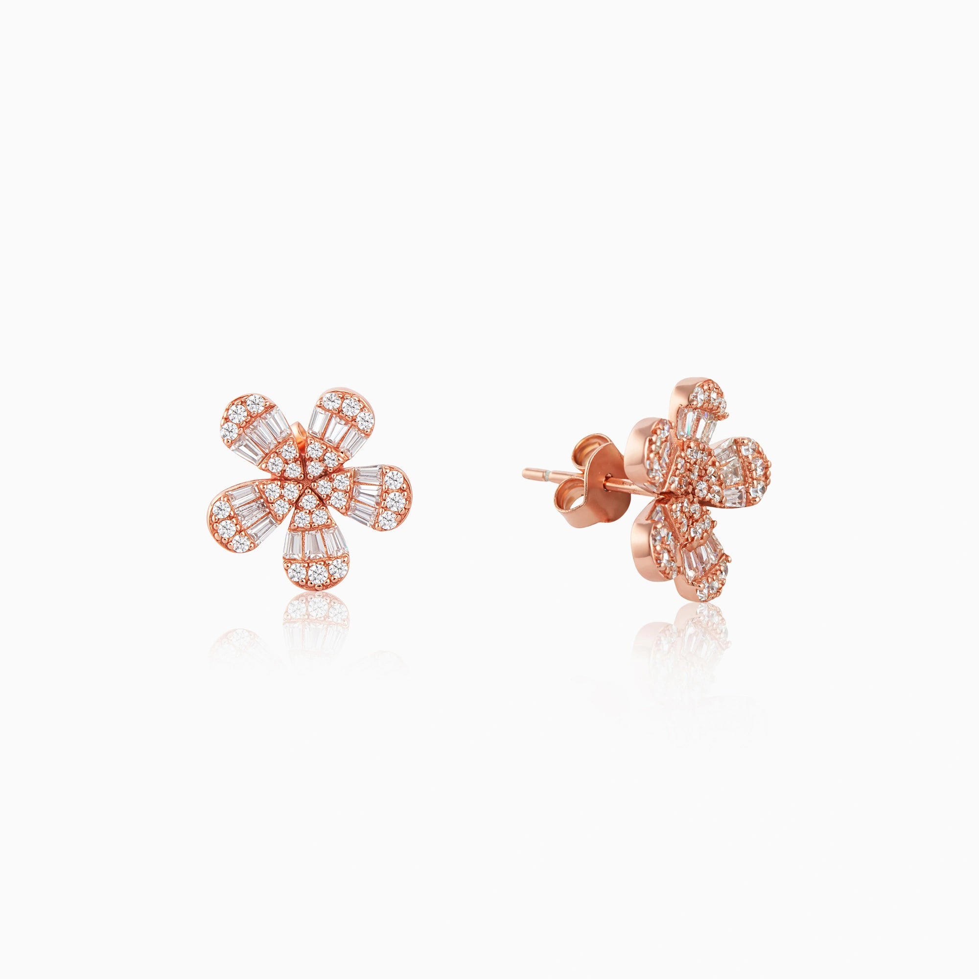 Rose Gold Silver Floral Stud Earrings