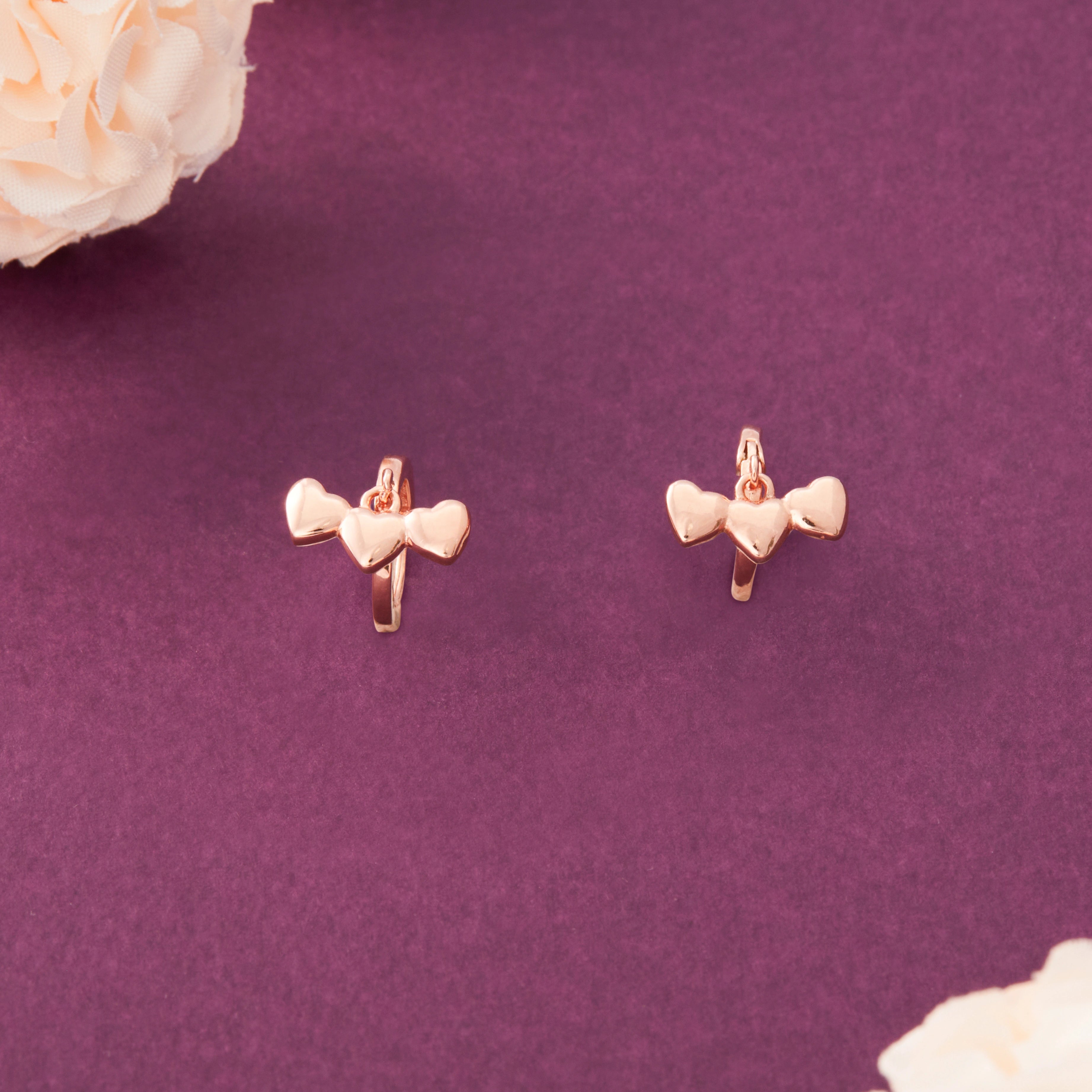 Rose Gold Silver Heart Drop Motif Hoop Stud Earrings Ishna