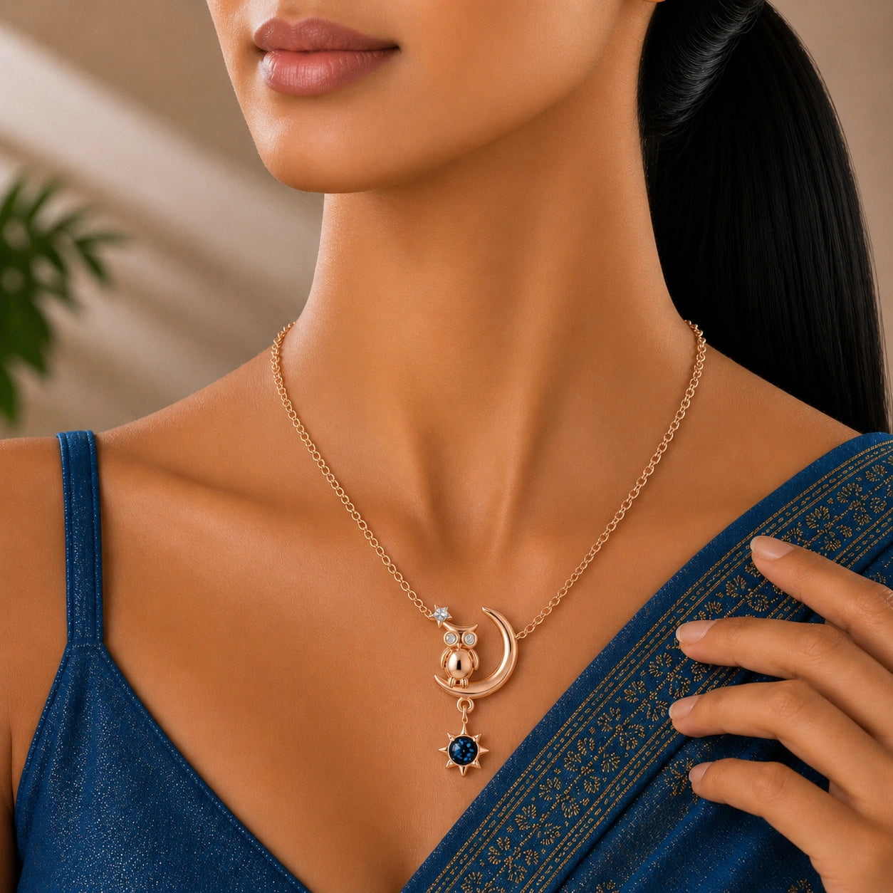 Rose Gold Silver Owl Moon Pendant Chain Ishna
