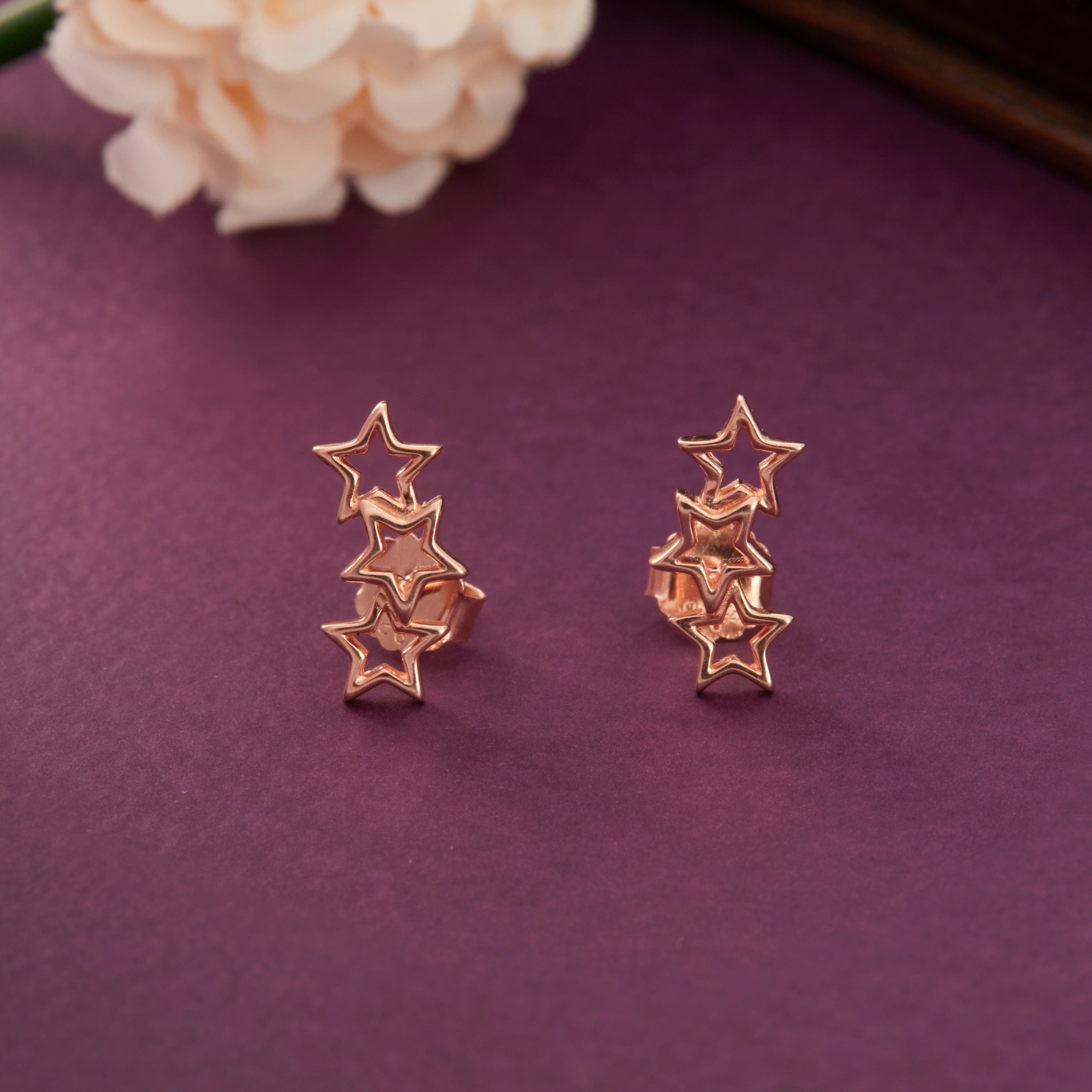 Rose Gold Silver Triple Star Motif Earrings Ishna