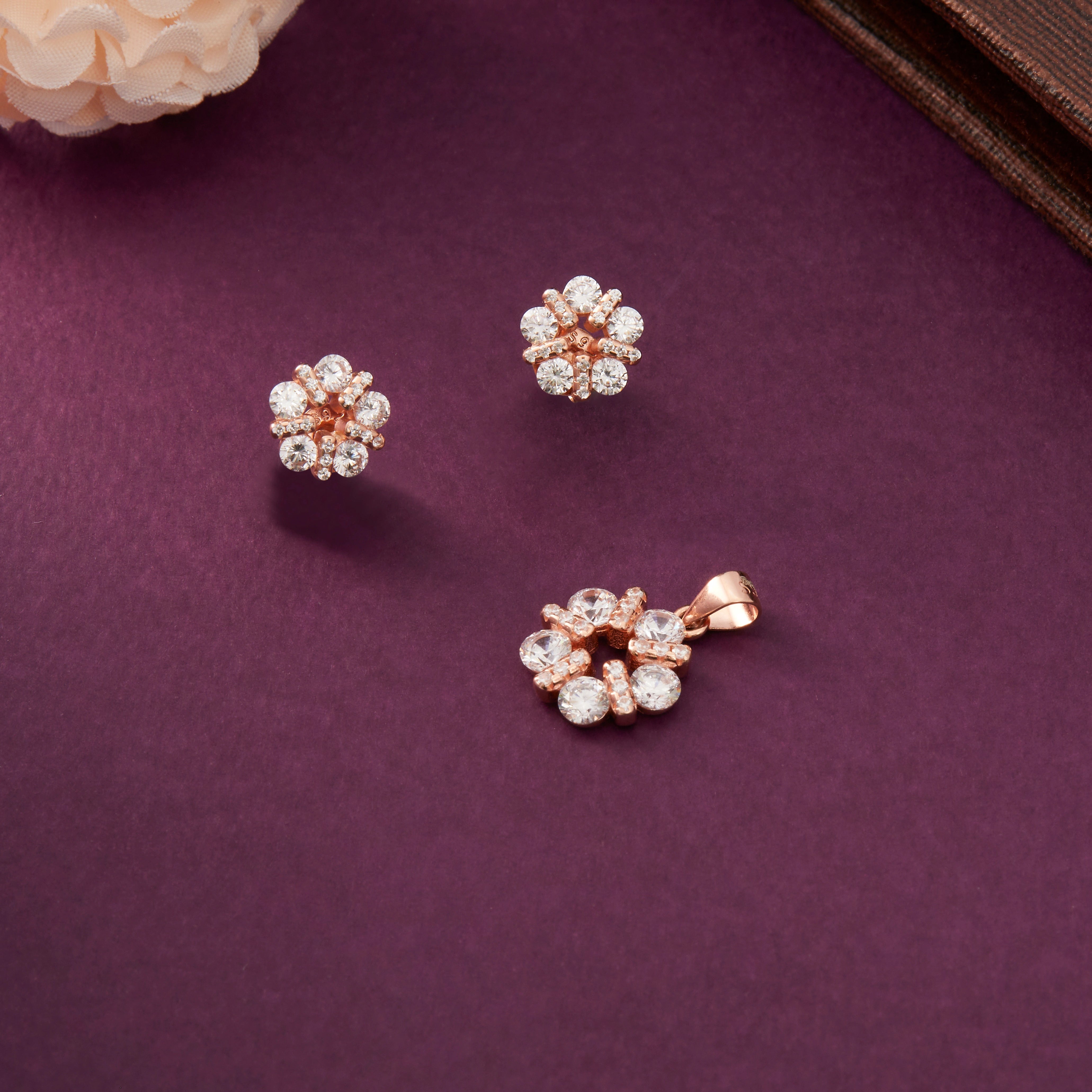 Rose Gold silver CZ Cluster Pendant & Earrings 