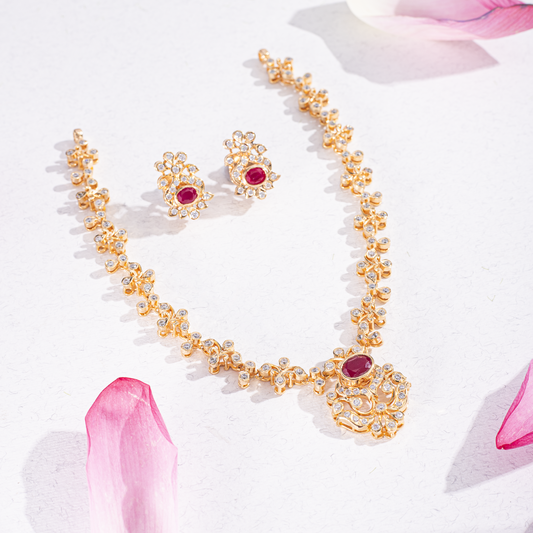 Rose gold-plated ruby stone necklace set