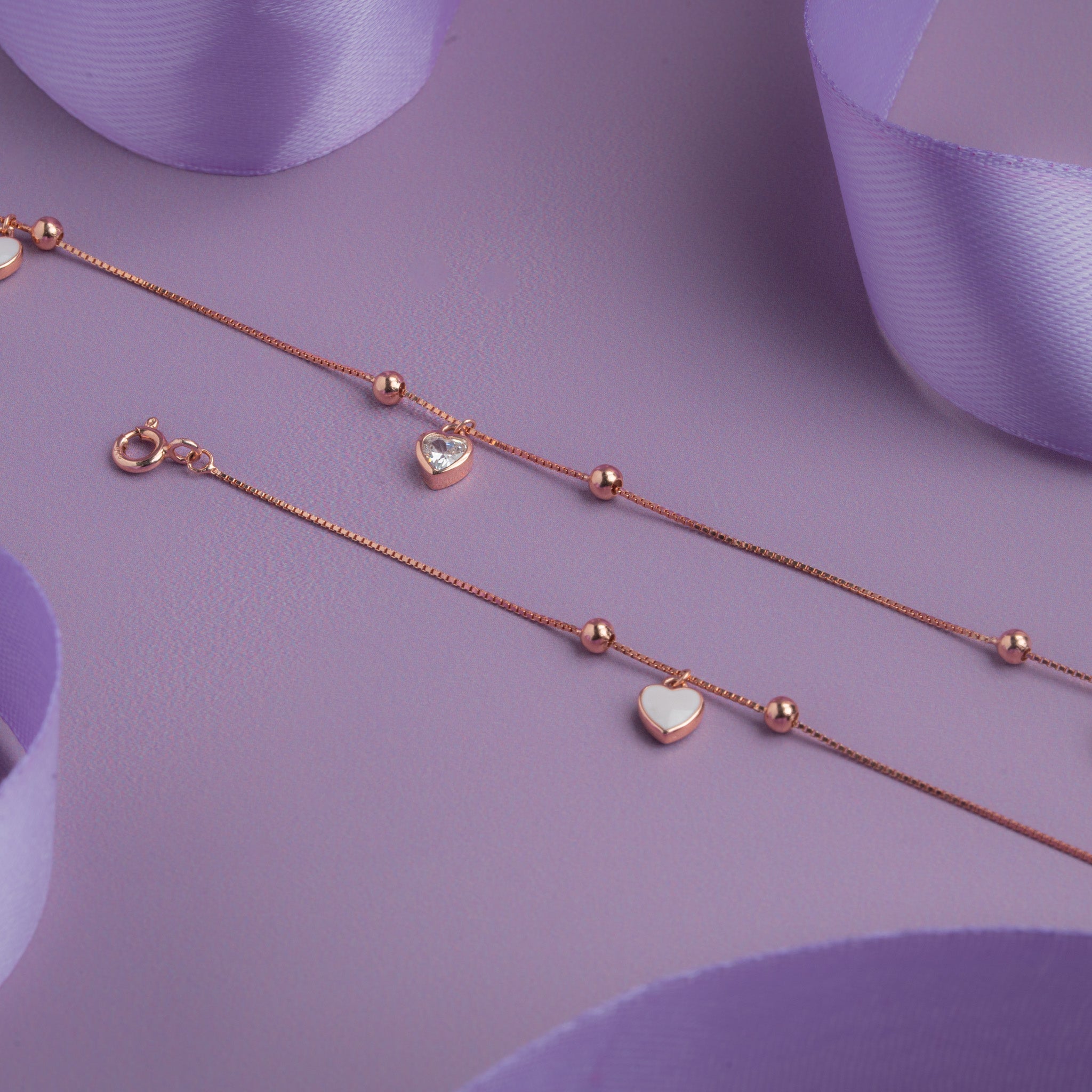 Rose gold anklet with bead chain and heart charm