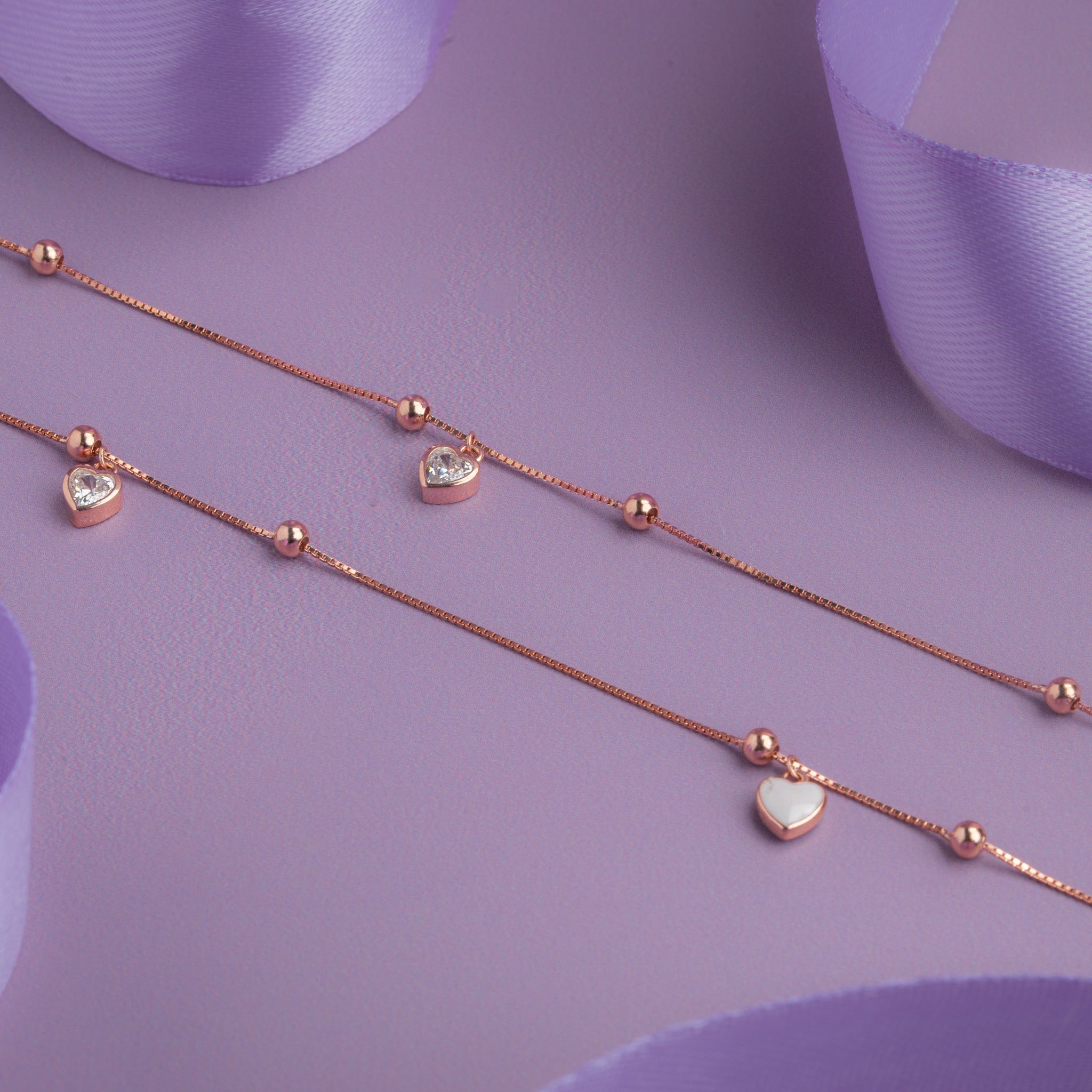 Rose gold anklet with minimalist bead chain and heart charm