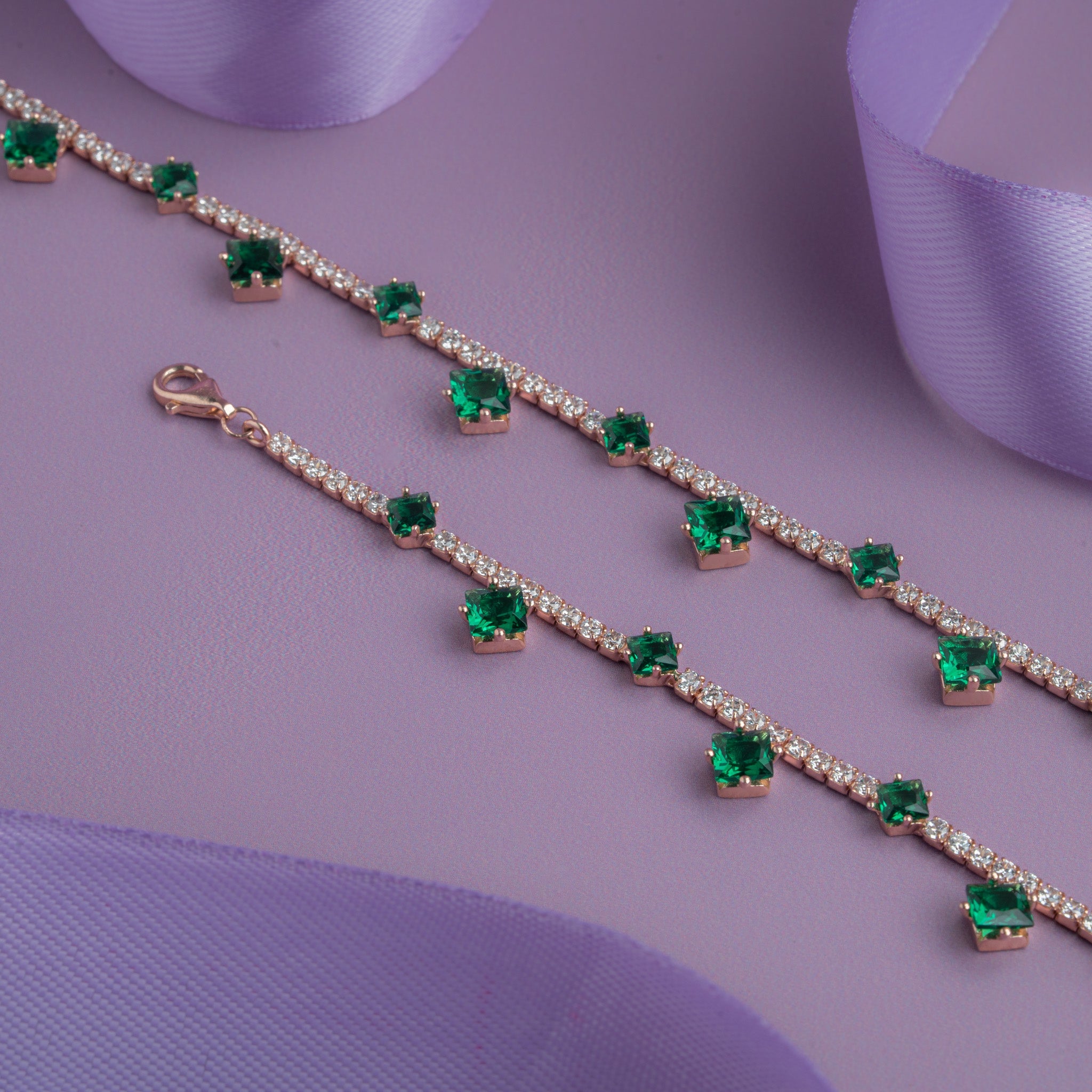 Rose gold anklet with square green stones