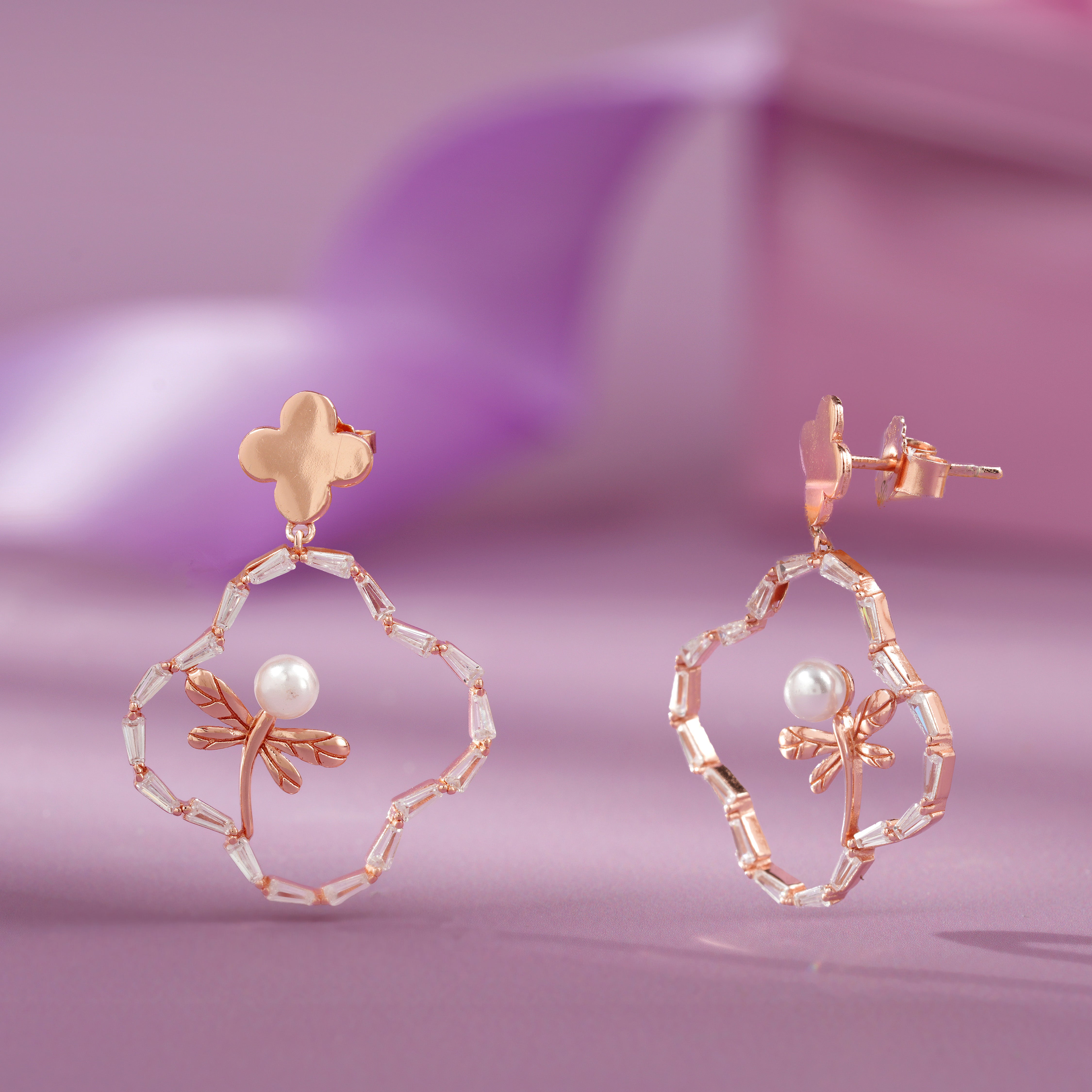Rose gold clover drop earrings