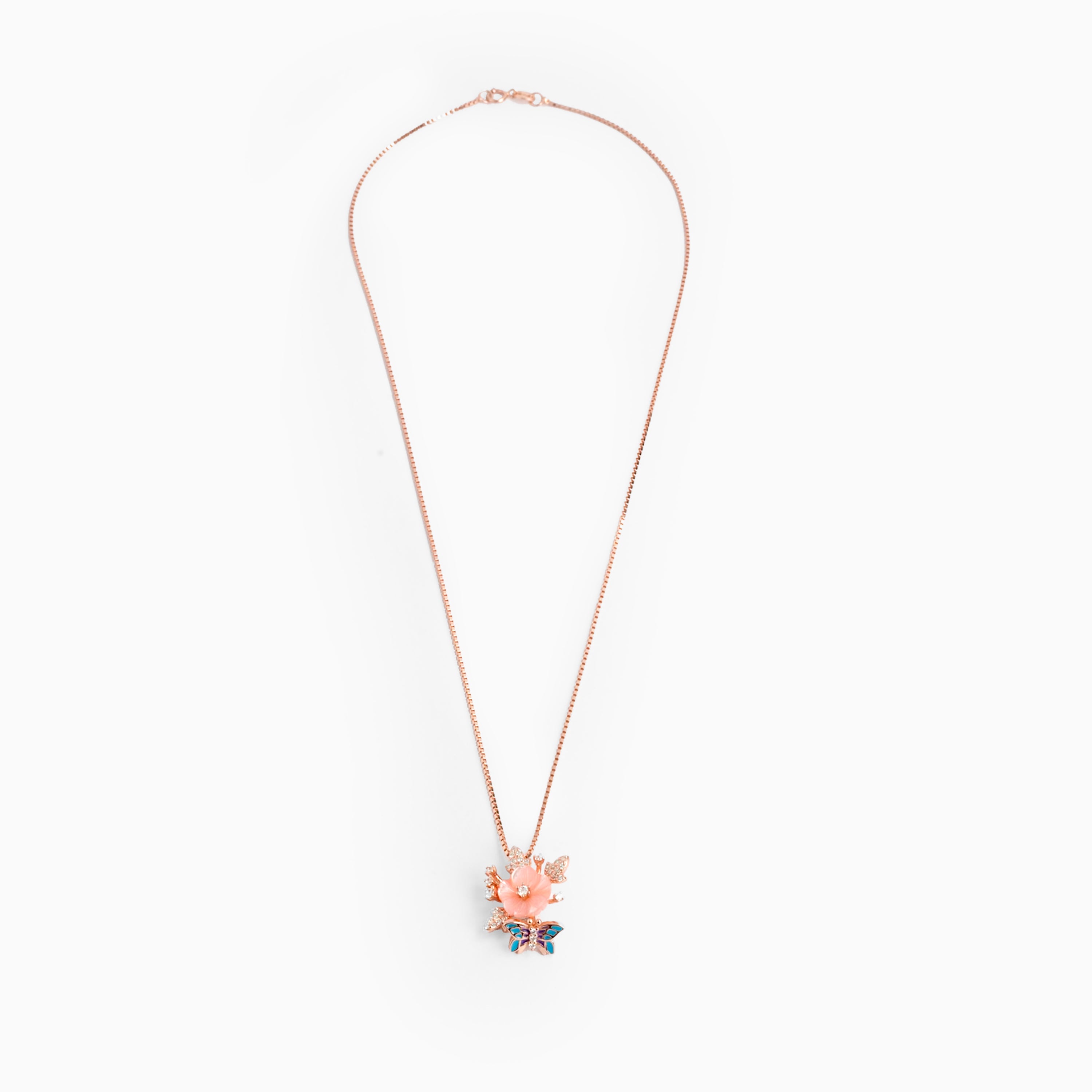 Rose gold flower & butterfly motif pendant chain Ishna