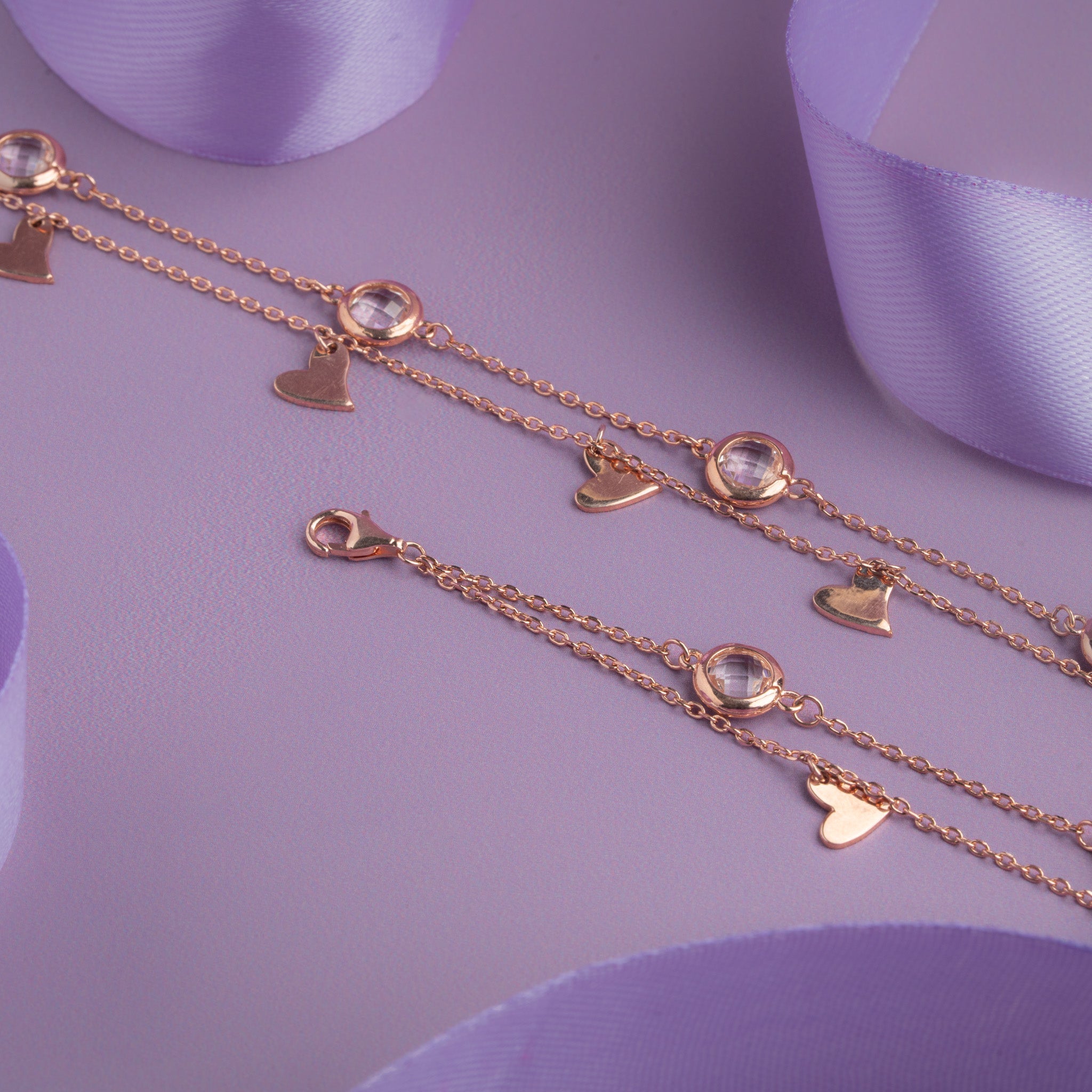 Rose gold silver anklet with heart-shaped charms