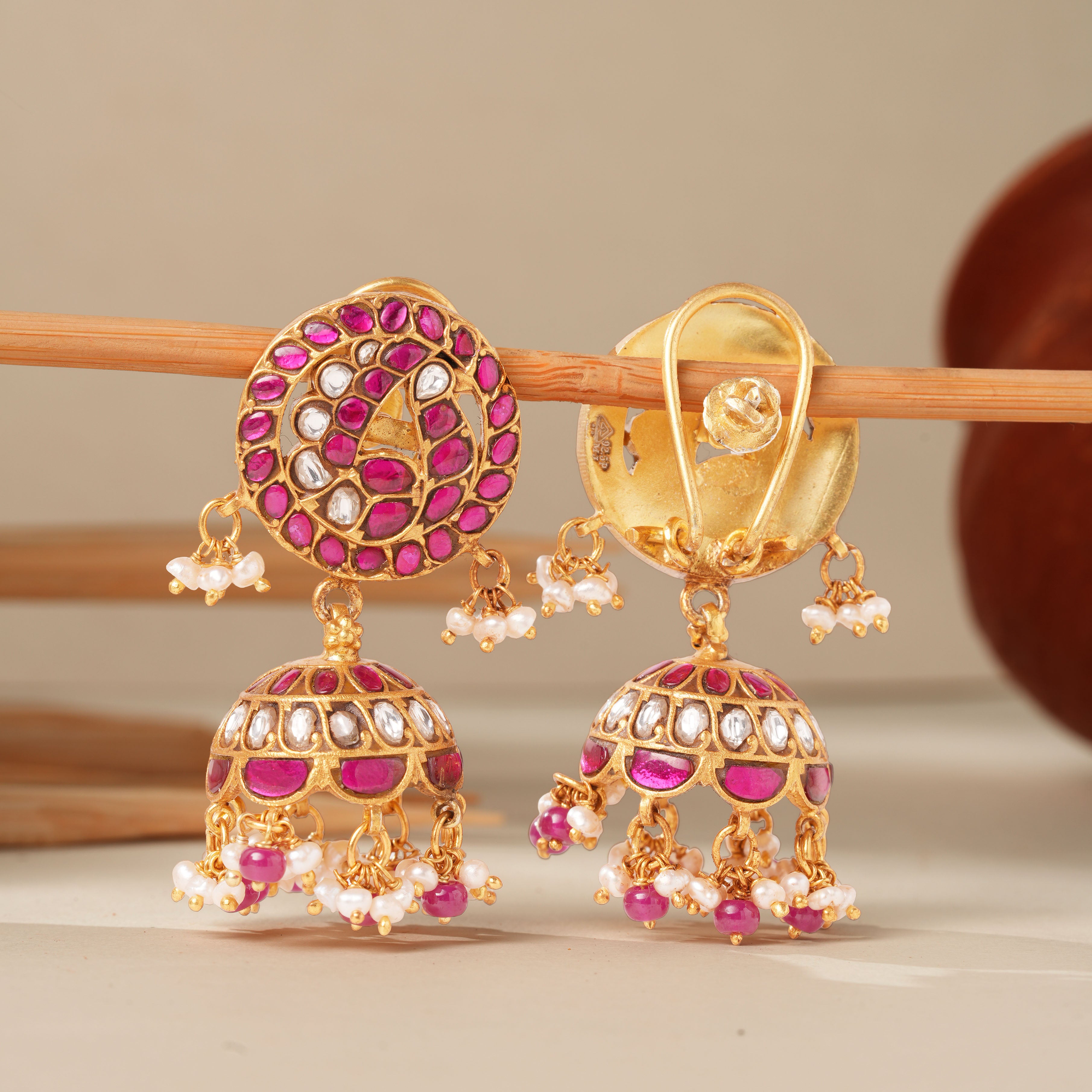  Round Floral Gold Plated Silver Kundan Jhumka Earrings Ishna
