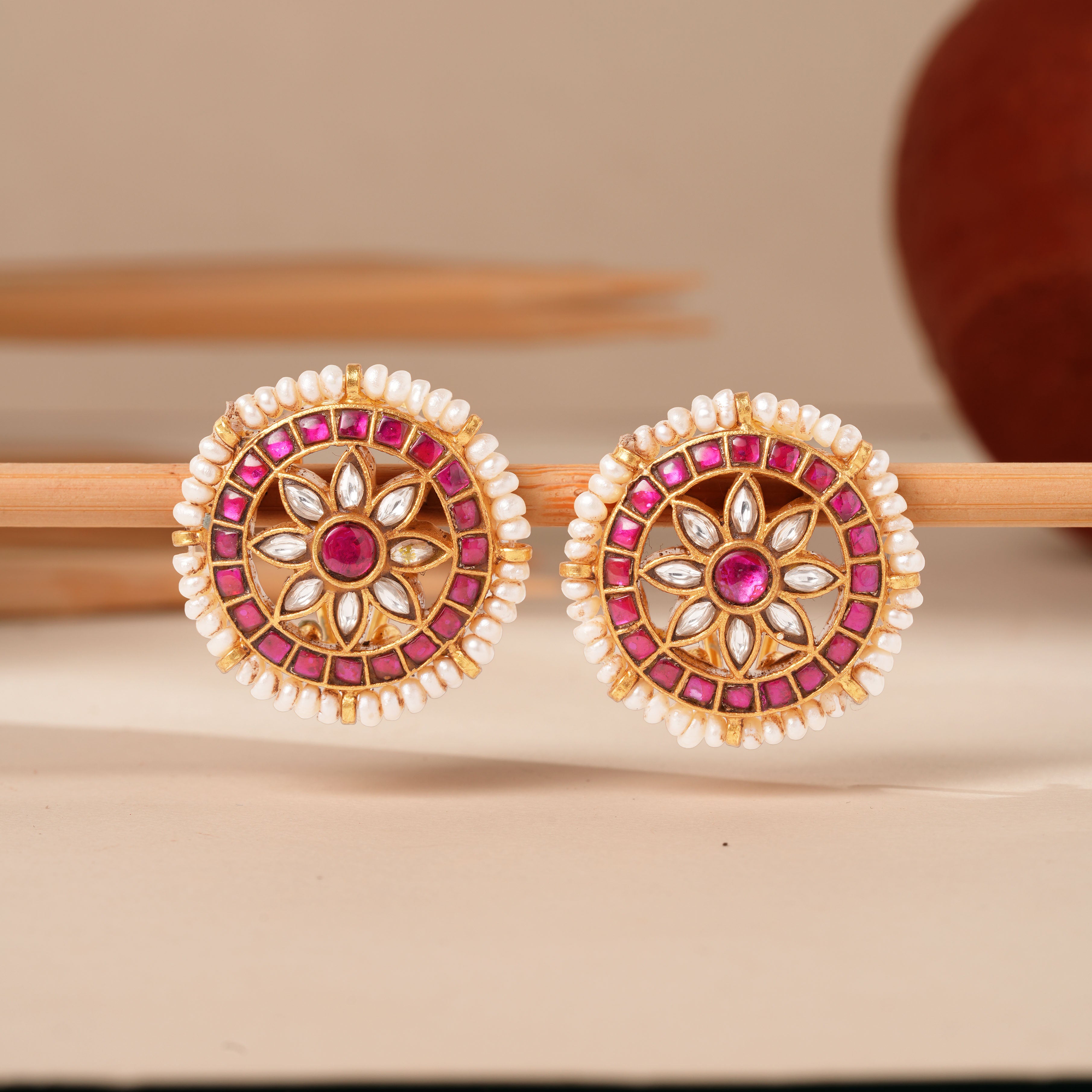 Round Floral Kundan Gold Plated Silver Stud Earrings Ishna