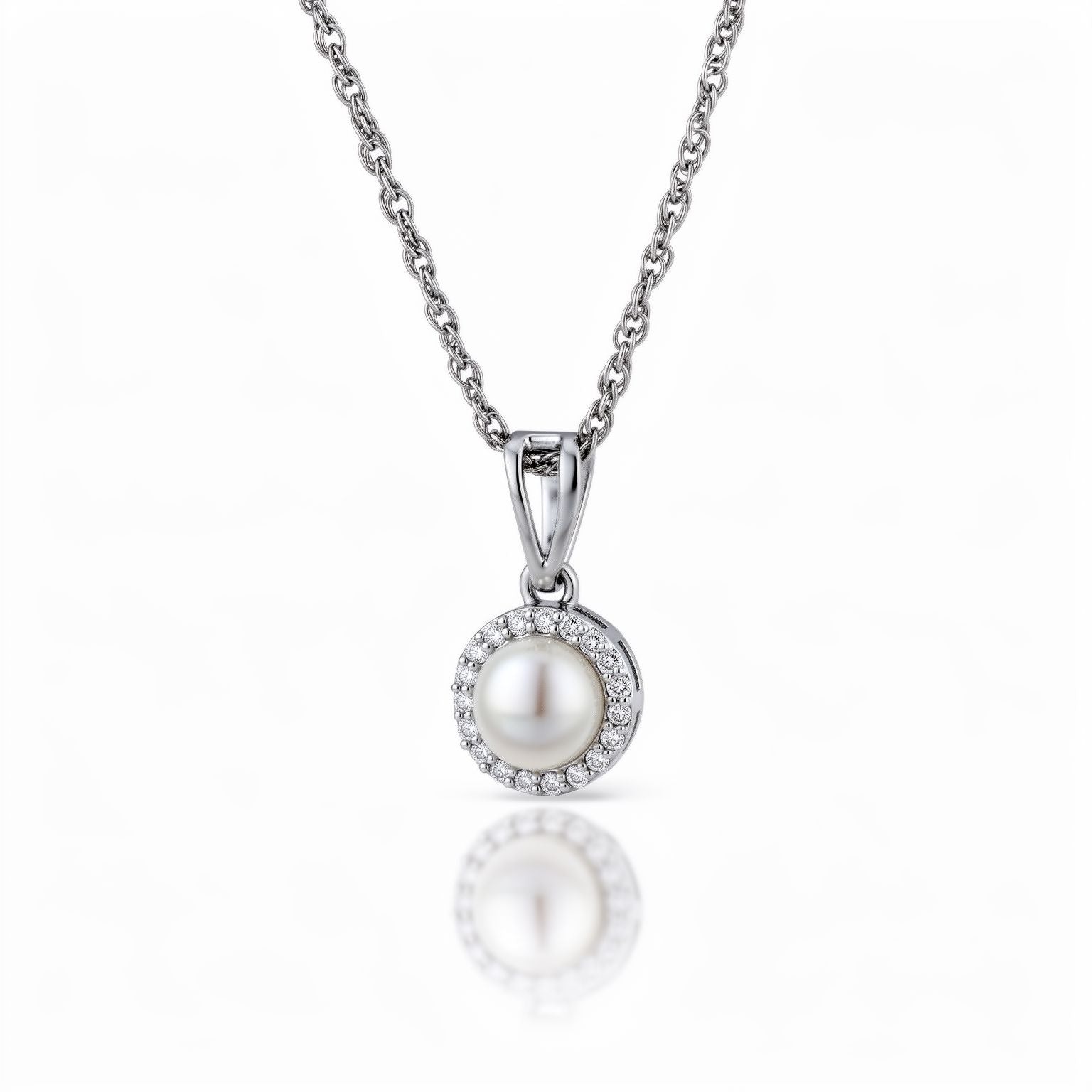 Round pearl halo CZ stone sterling silver pendant chain Ishna