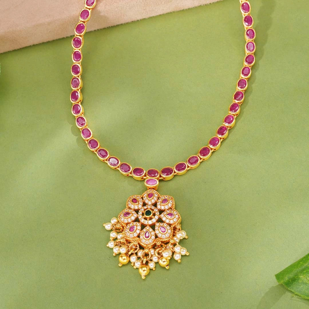 Ruby Flower Motif Stone Necklace Ishna