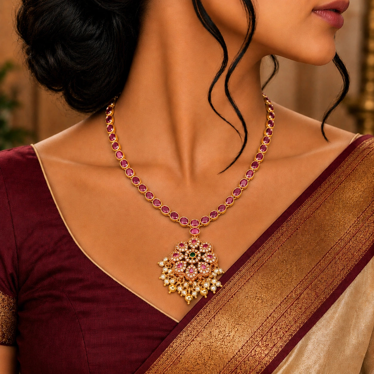 Ruby Flower Stone Necklace in Gold Plated Silver Ishna