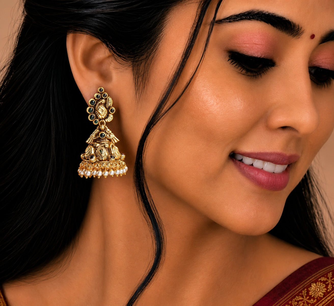 Ruby Peacock Jhumka Earrings in Gold Plated Silver Ishna