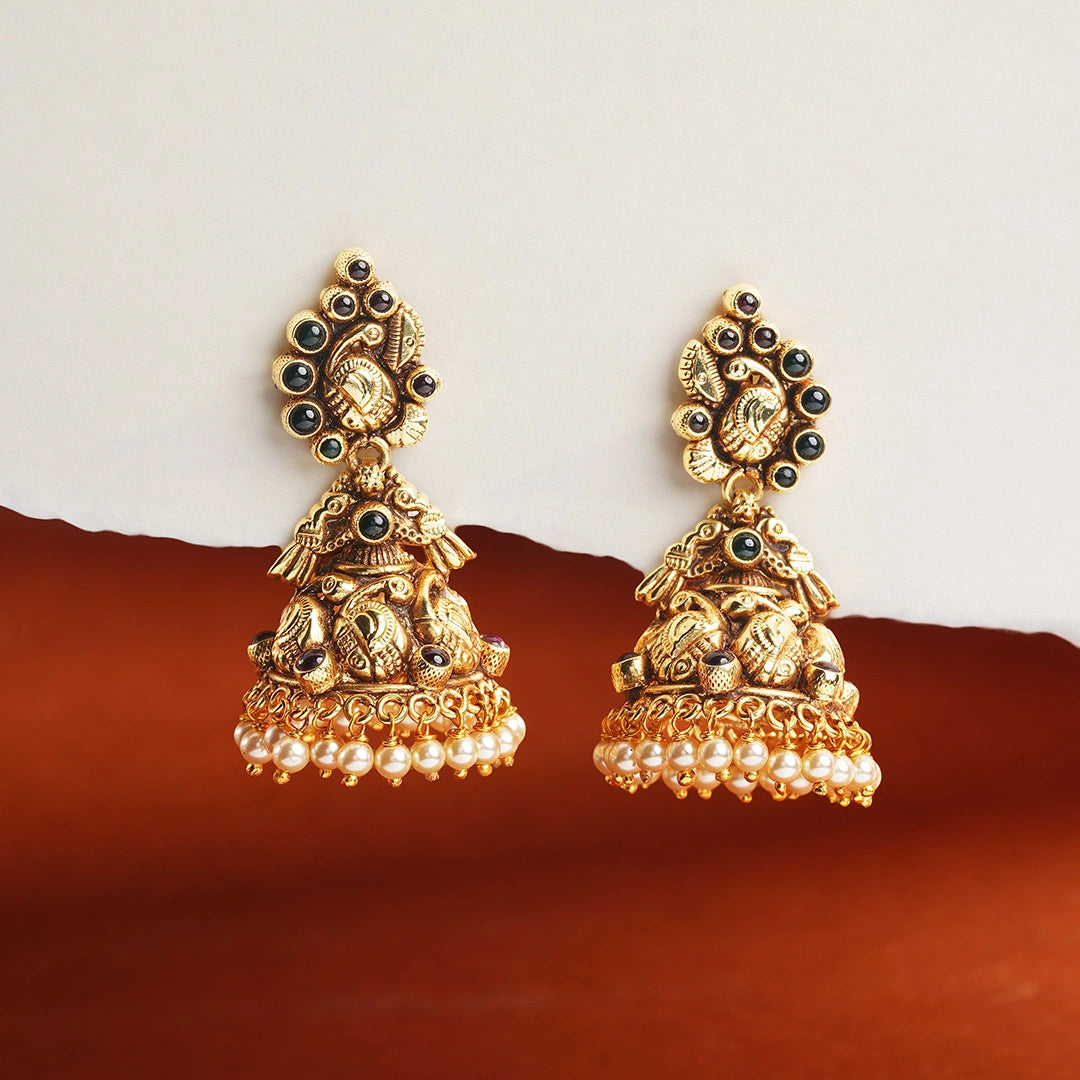 Ruby Peacock Motif Jhumka Earrings Ishna
