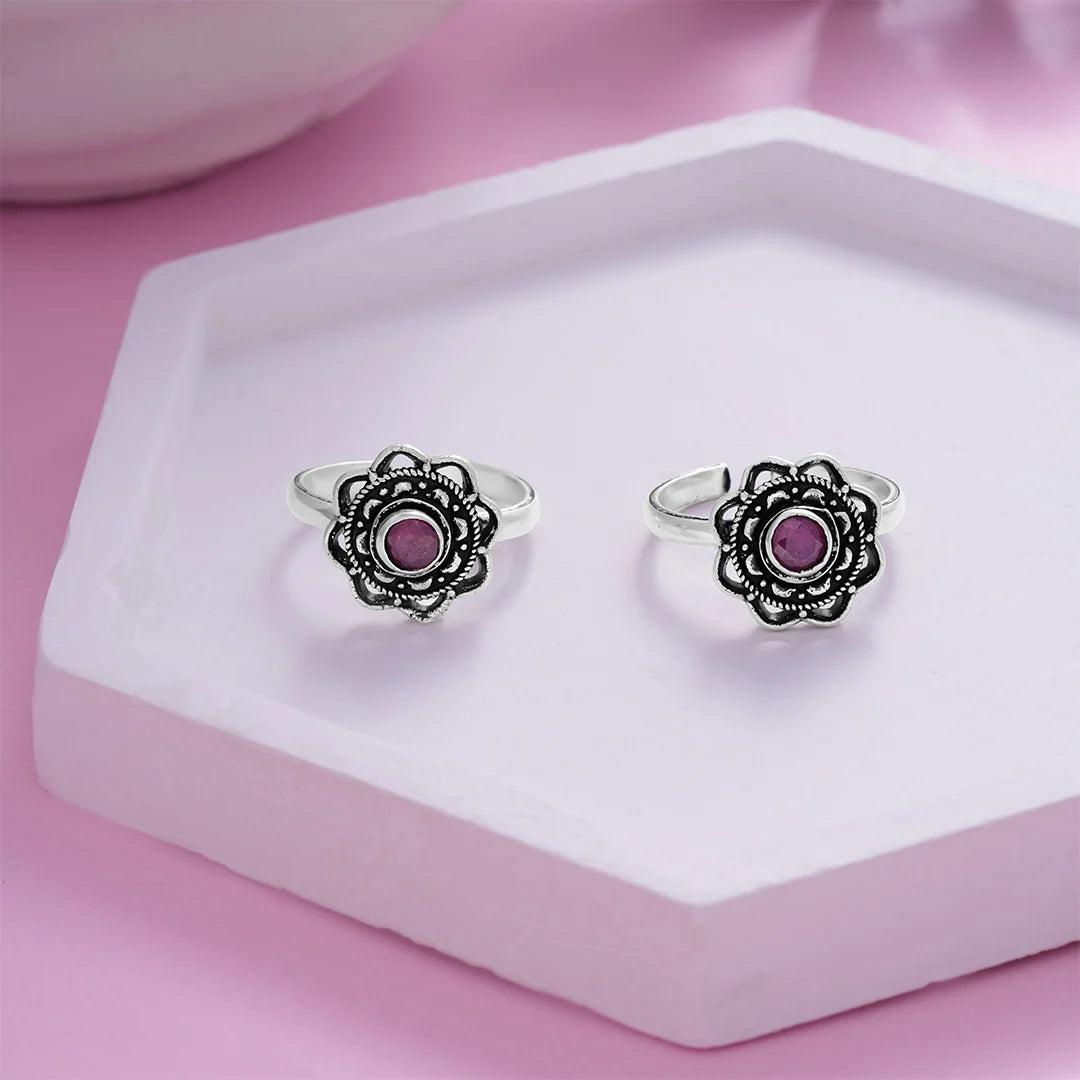 Ruby Petal Toe Ring in 925  Silver Ishna