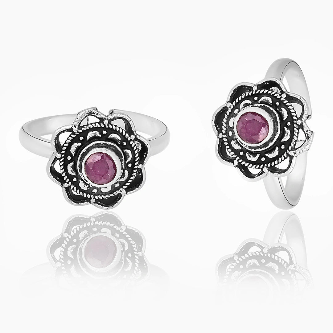 Ruby Petal Toe Ring in 925 Sterling Silver Ishna