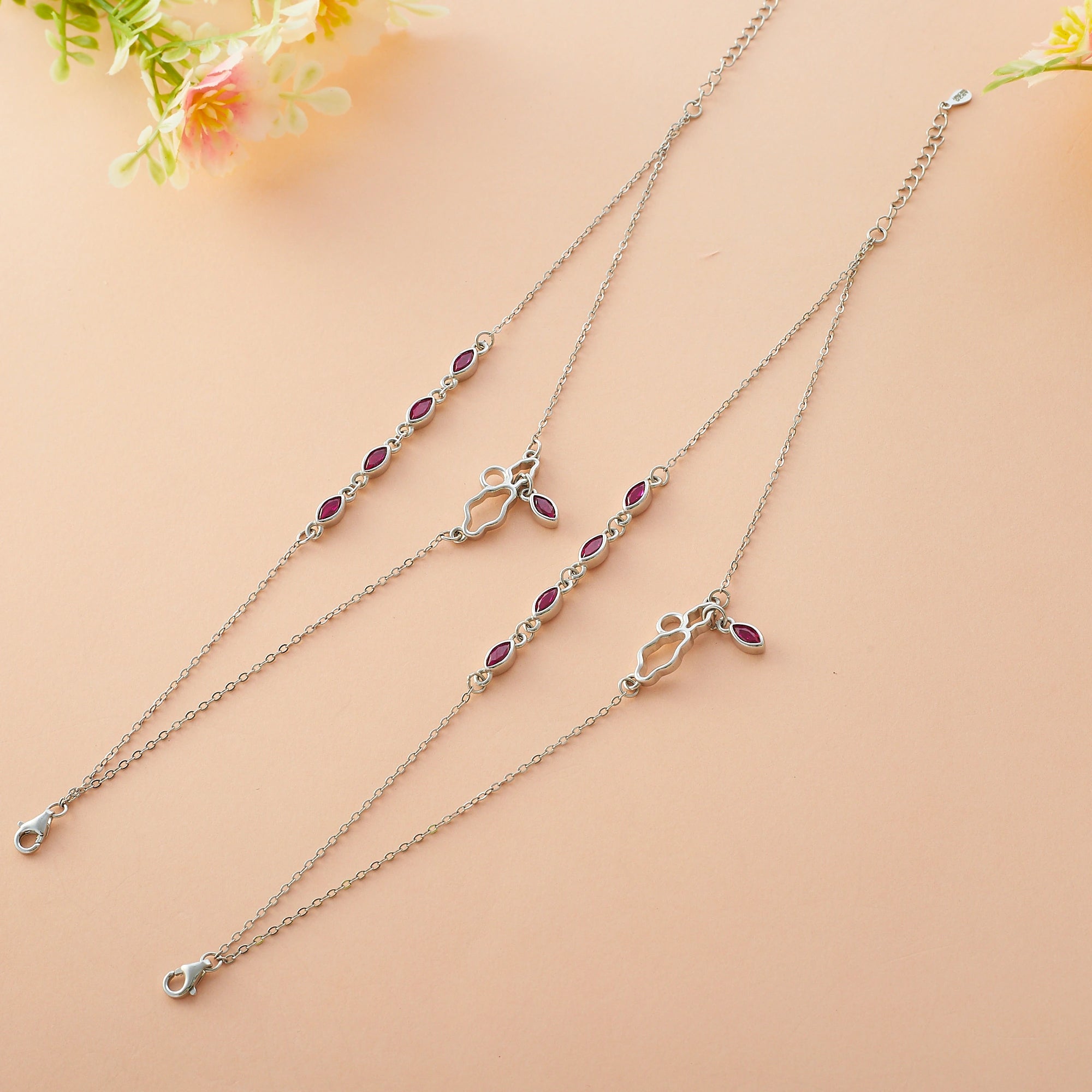 Ruby Stone Leaf Charm Anklet Ishna
