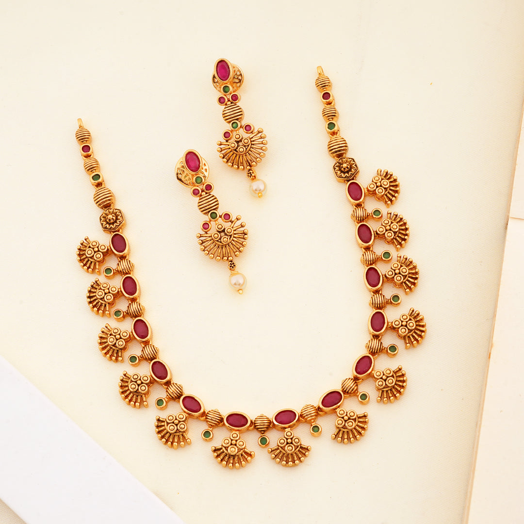Ruby Stone Work Antique Gold Plated Necklace Set with Stud Earrings