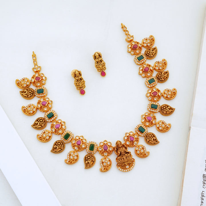 Ruby and Emerald Lakshmi Mango Design Gold Plated Necklace with Stud Earrings