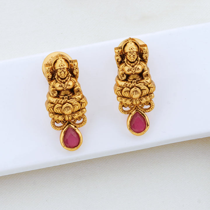 Ruby and Emerald Stud Earrings with Traditional Temple Jewellery Design