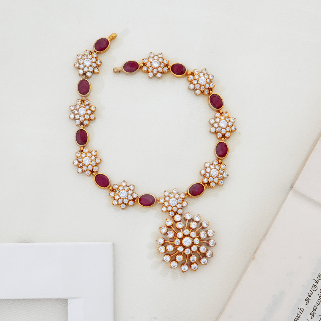 Ruby floral short necklace with white stones