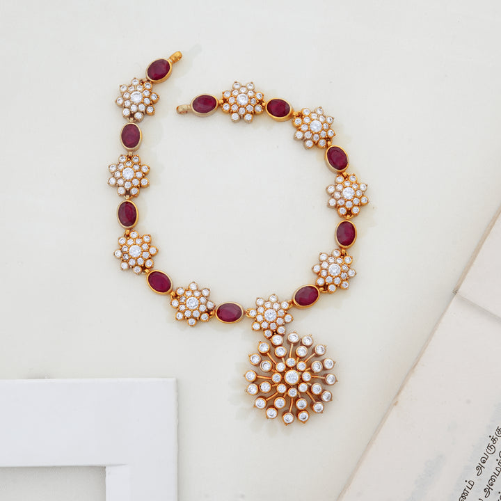 Ruby floral short necklace with white stones