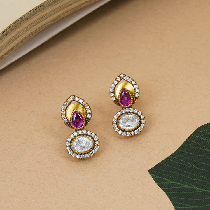 Ruby moissanite antique gold stud earrings