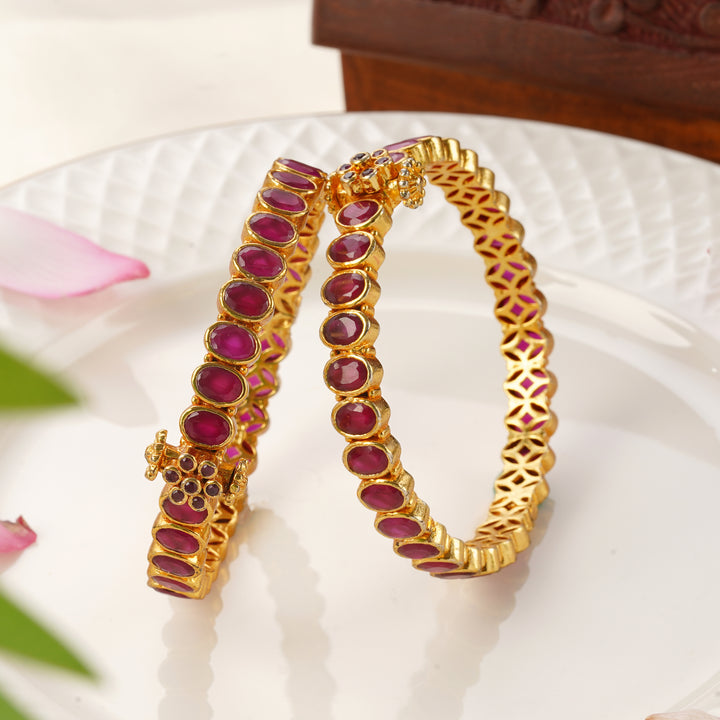 Ruby stone gold bangles screw type – size 2.8