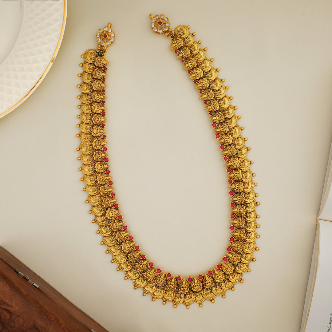 Ruby studded Lakshmi Kasumalai haram in antique gold